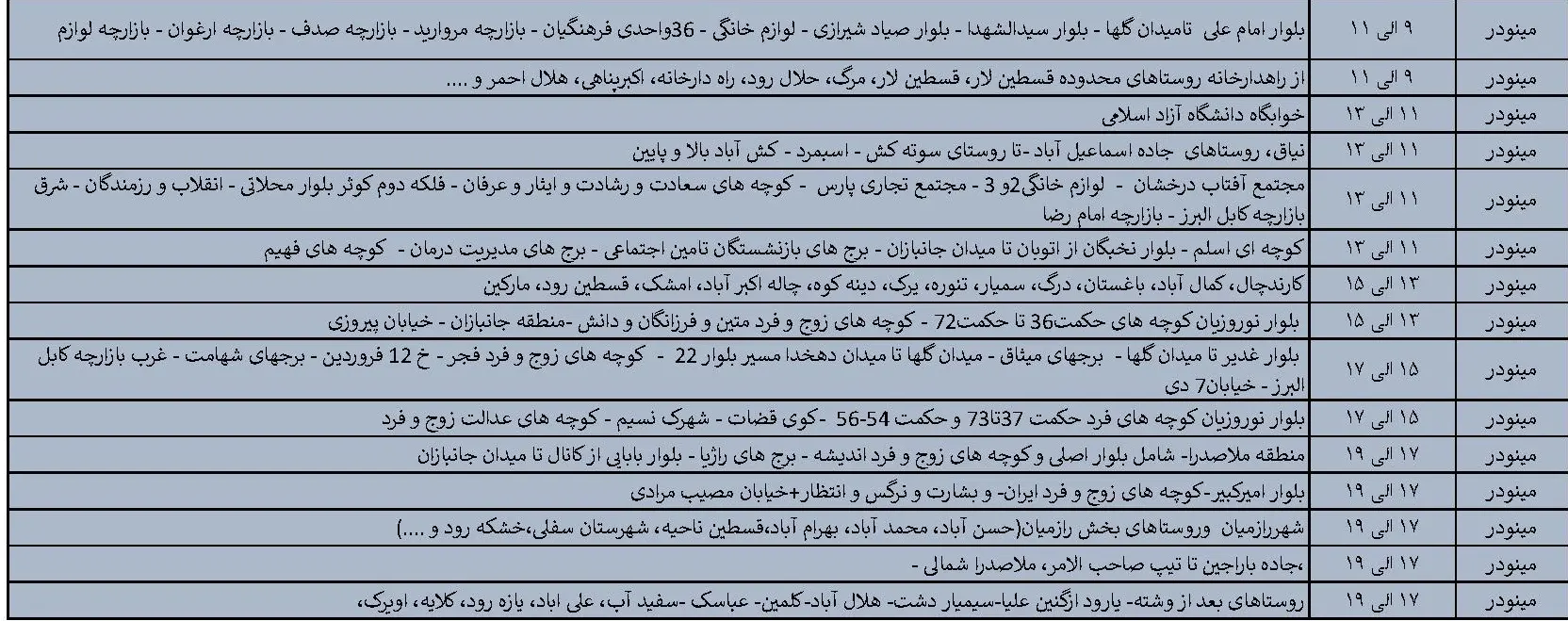 جدول خاموشی‌های قزوین در 29 تیر منتشر شد
