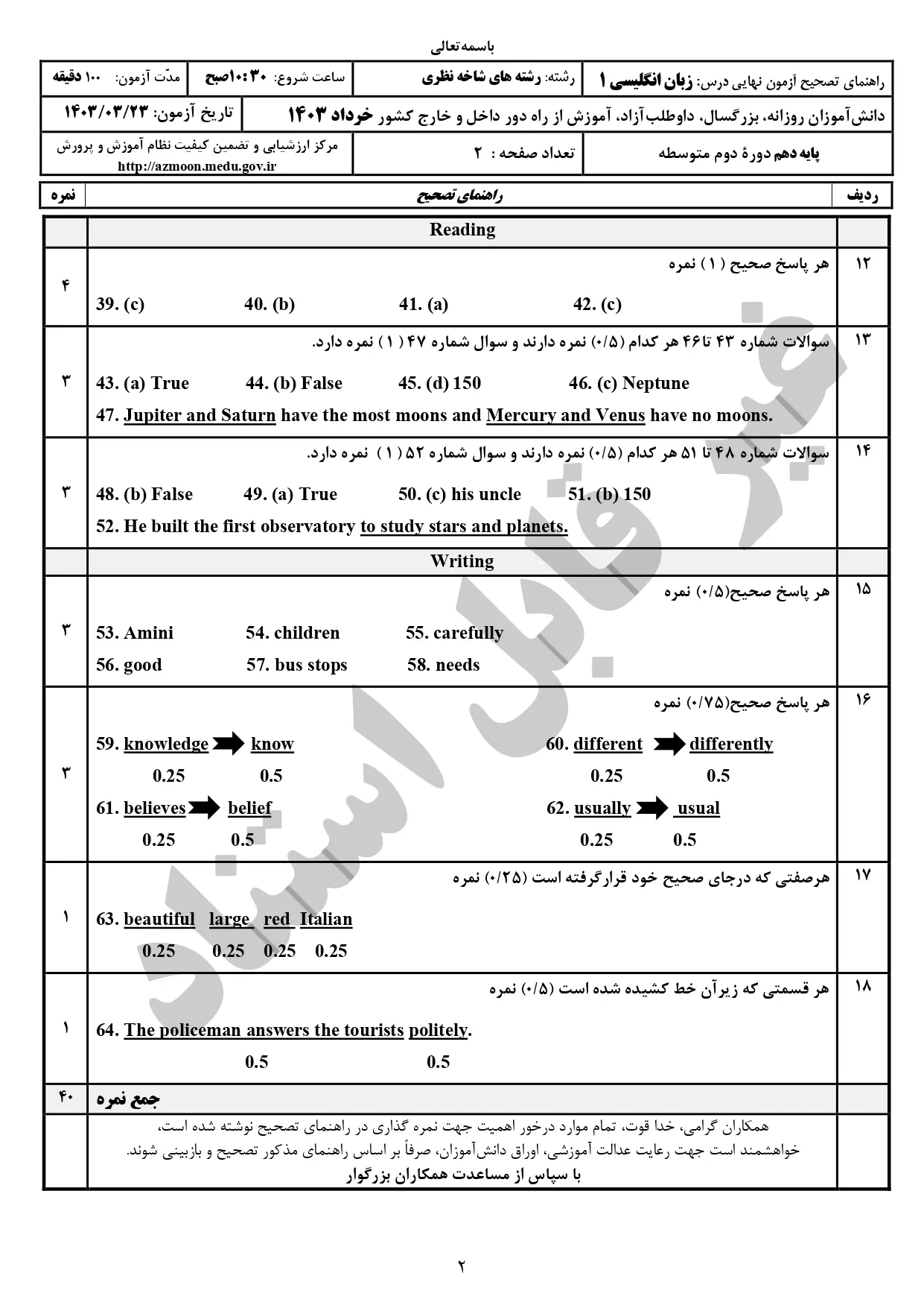 پاسخنامه تشریحی امتحان نهایی زبان انگلیسی ۱ پایه دهم خرداد ۱۴۰۳