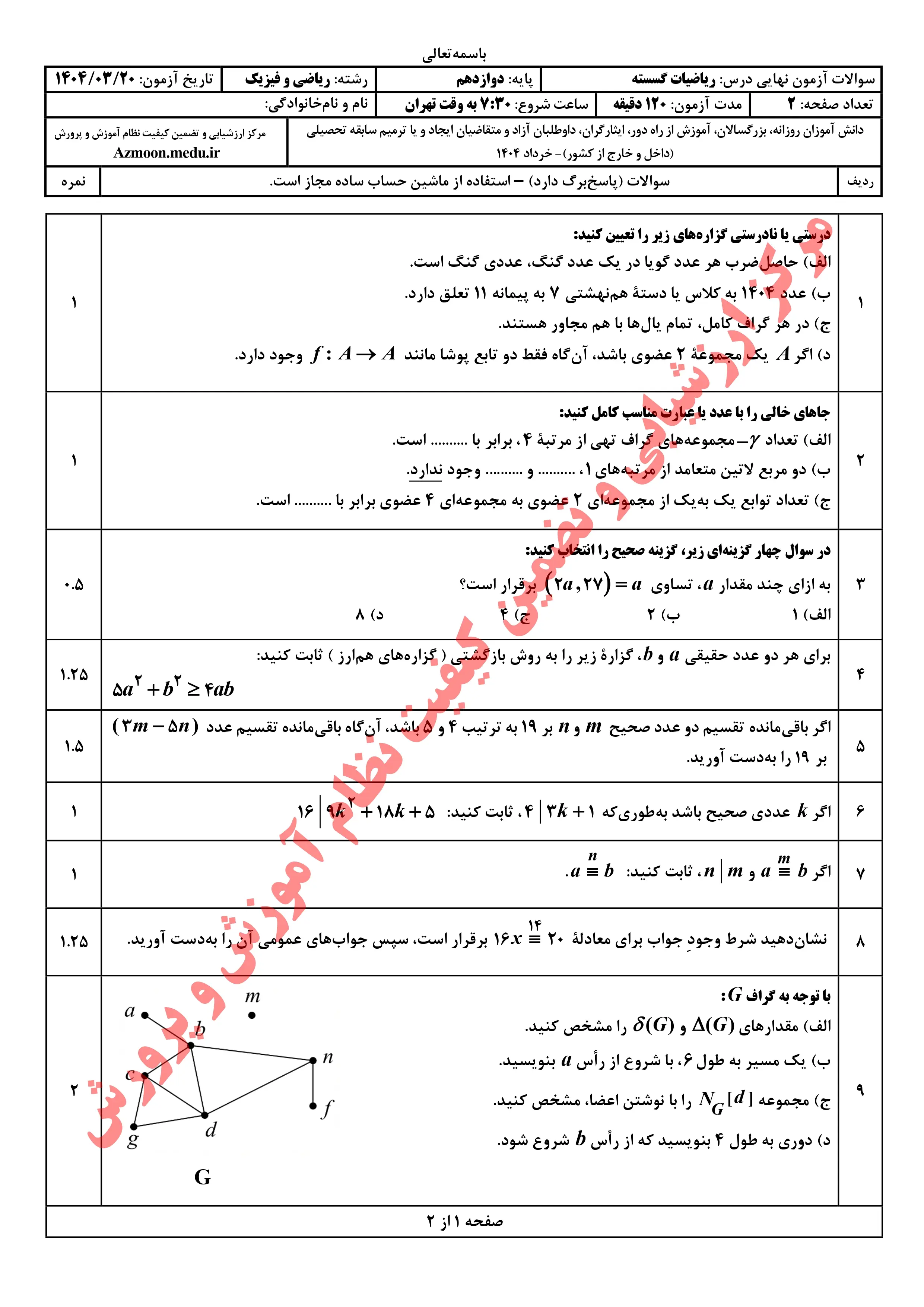 سوالات امتحان نهایی ریاضیات گسسته دوازدهم خرداد ۱۴۰۴ + پاسخنامه