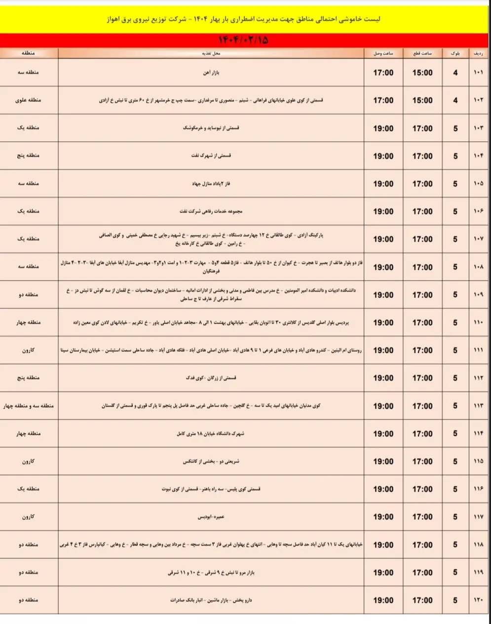 جدول خاموشی برق مناطق خوزستان امروز دوشنبه