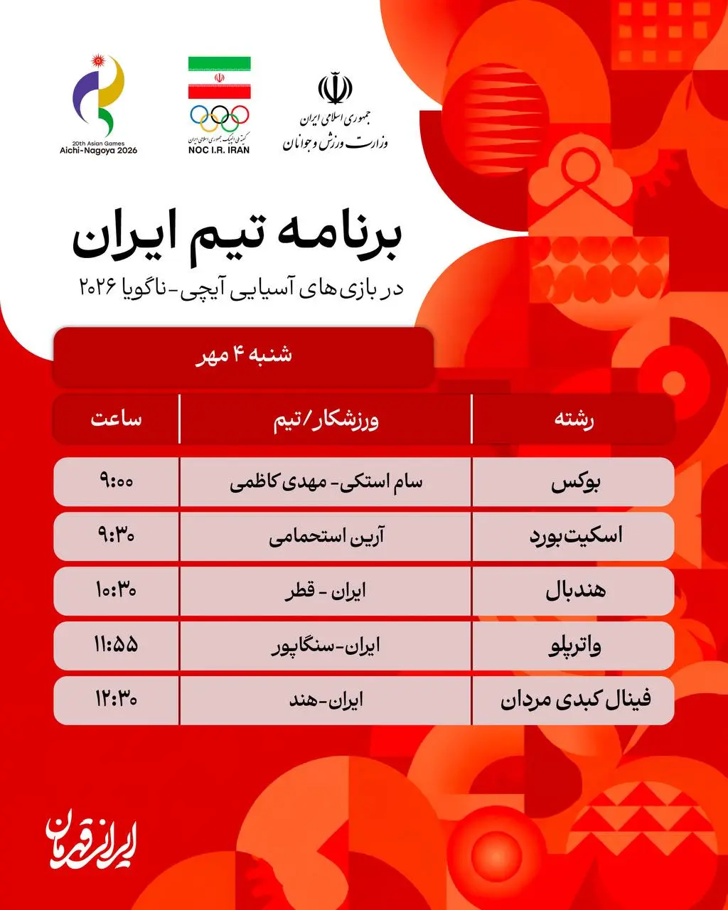 برنامه روز هفتم نمایندگان ایران در بازی های آسیایی ناگویا