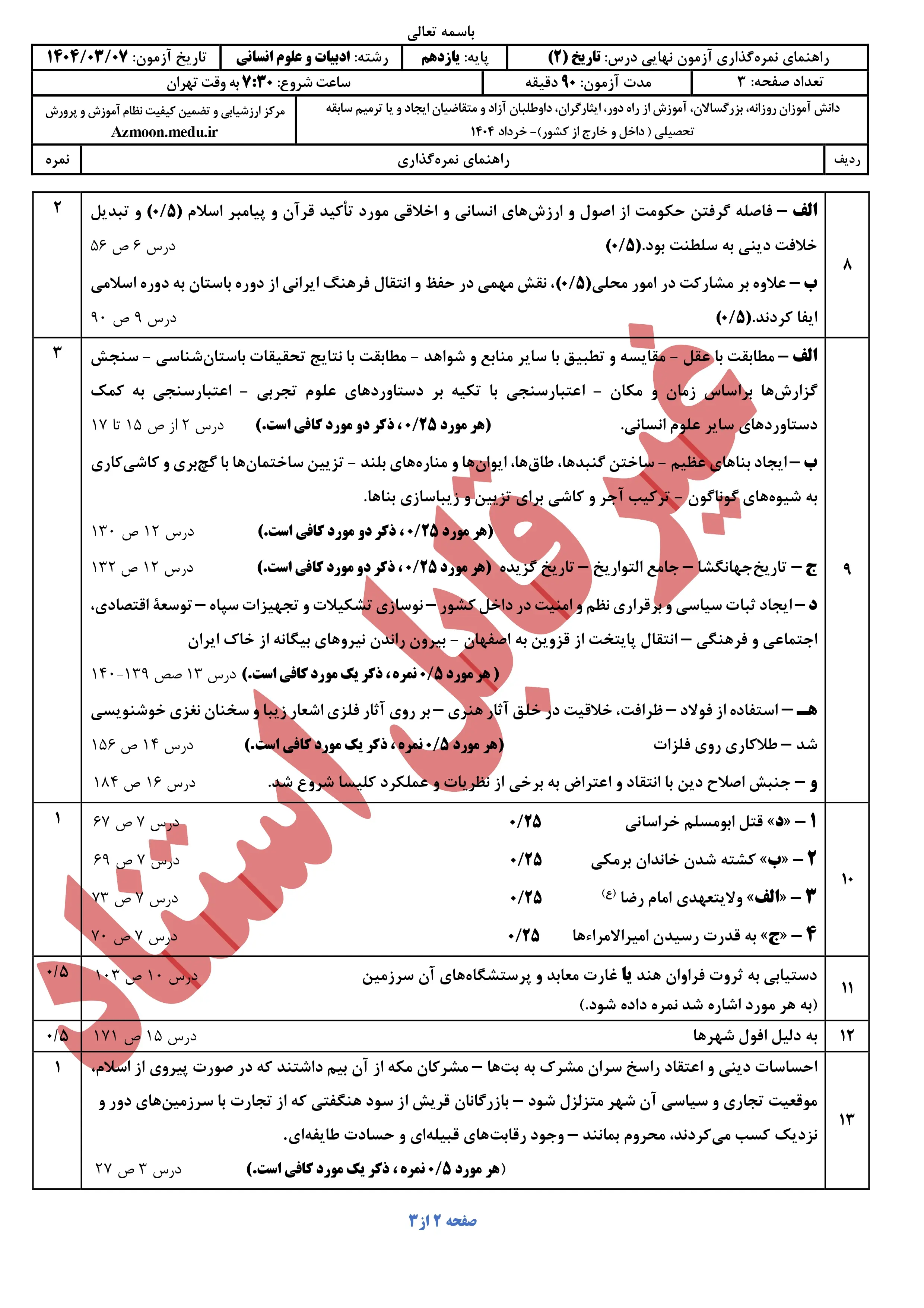 سوالات امتحان نهایی تاریخ یازدهم انسانی خرداد ۱۴۰۴ + پاسخنامه