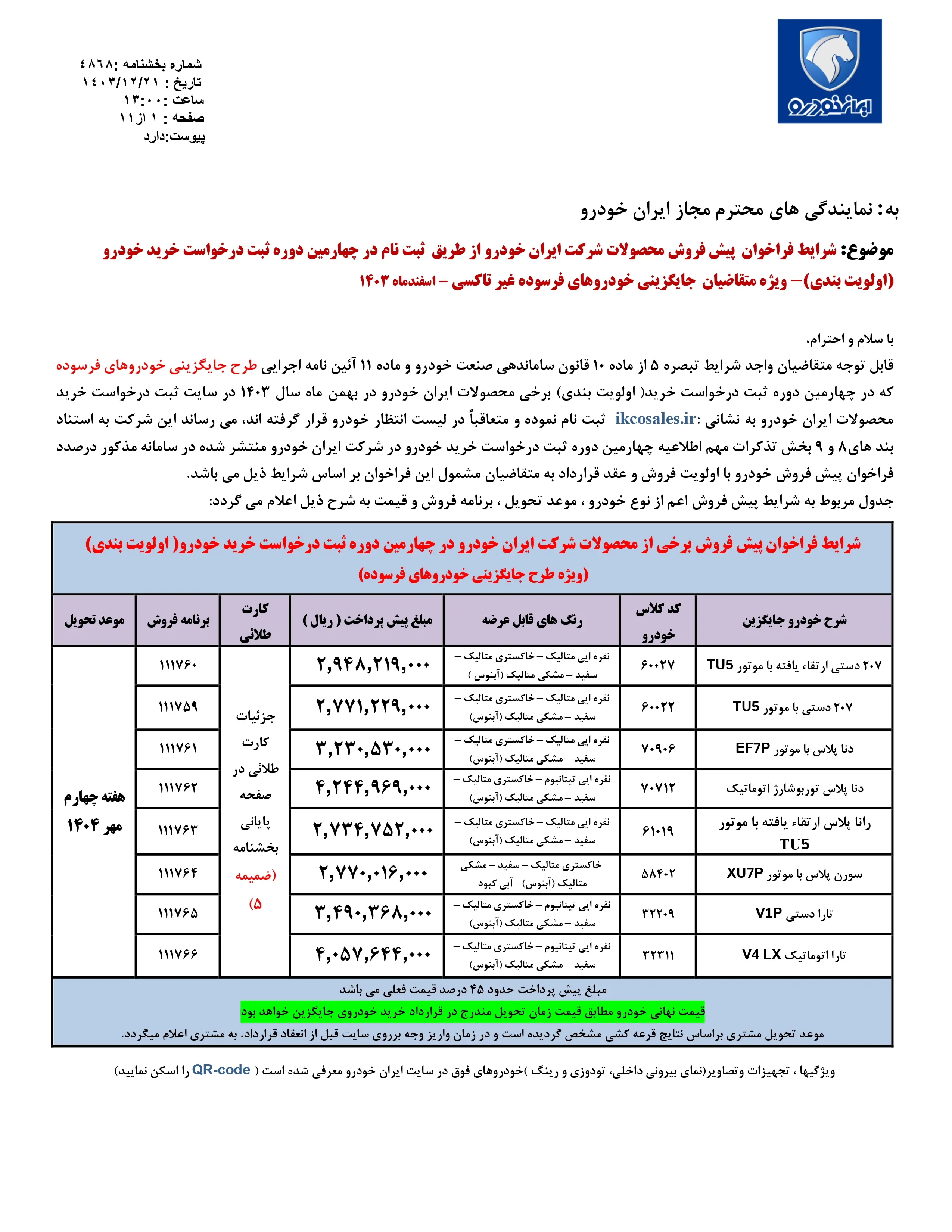 پیش فروش محصولات ایران خودرو طرح ویژه اسفند ۱۴۰۳