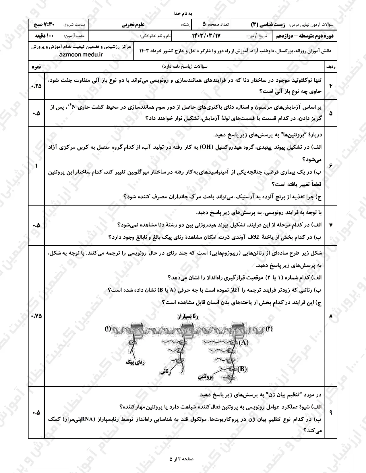 سوالات امتحان نهایی زیست شناسی دوازدهم تجربی خرداد ۱۴۰۳ + پاسخنامه تشریحی