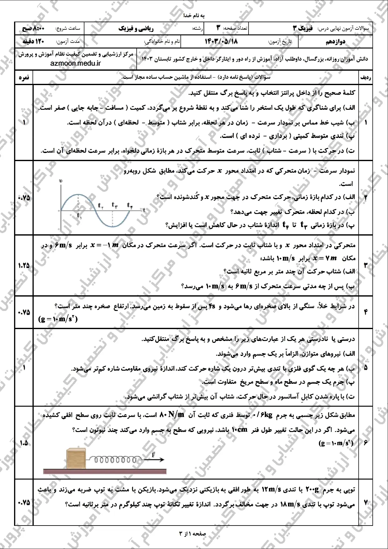 سوالات امتحان نهایی فیزیک ریاضی دوازدهم مرداد شهریور ۱۴۰۳ + پاسخنامه