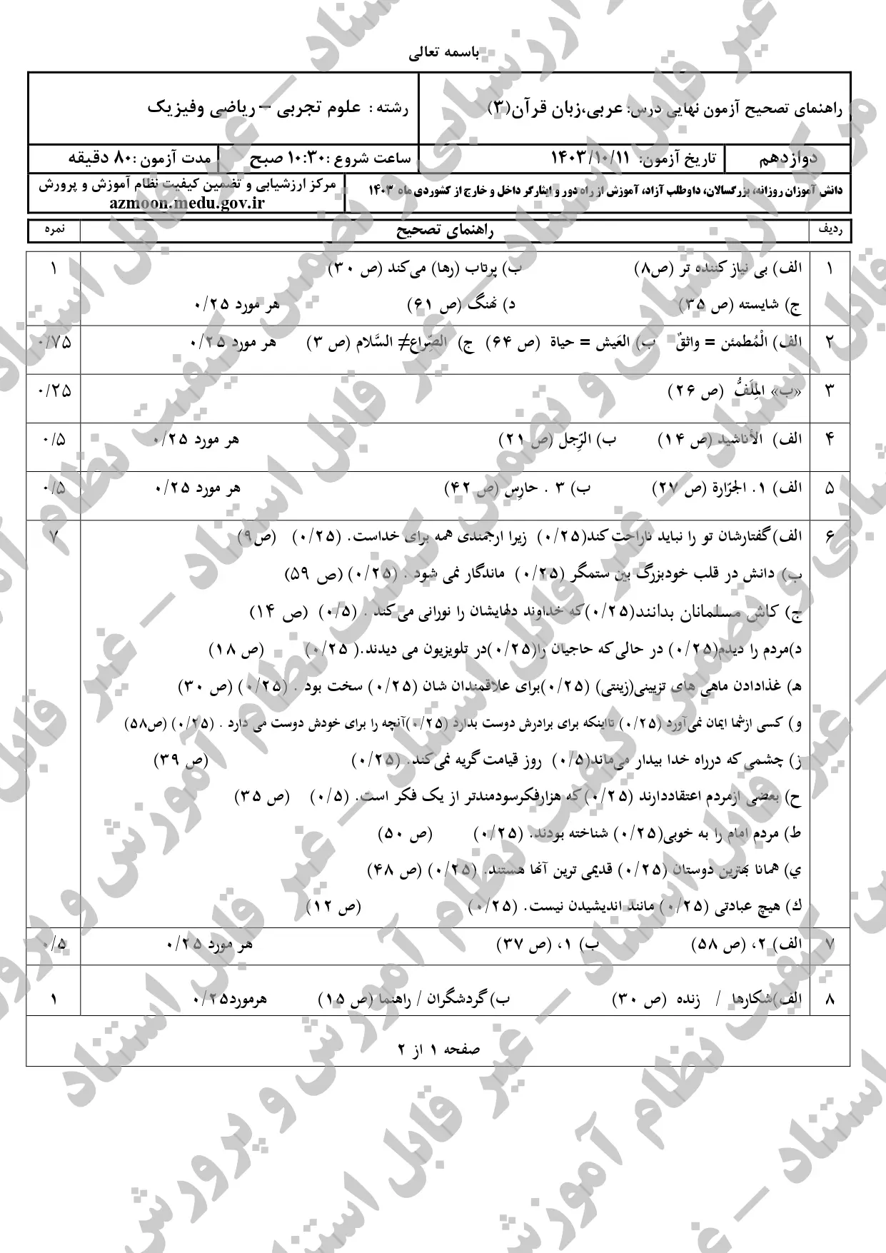 سوالات امتحان نهایی عربی دوازدهم تجربی و ریاضی دی ماه ۱۴۰۳ + پاسخنامه