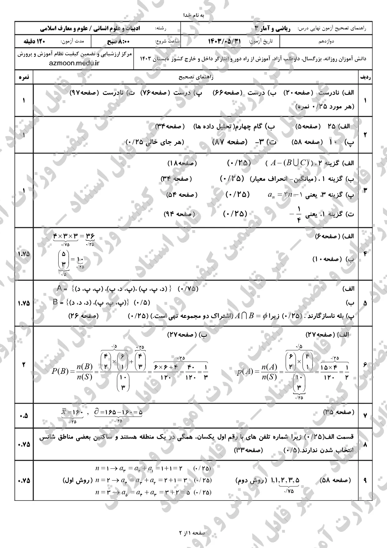 سوالات امتحان نهایی ریاضی و آمار دوازدهم مرداد شهریور ۱۴۰۳ + پاسخنامه