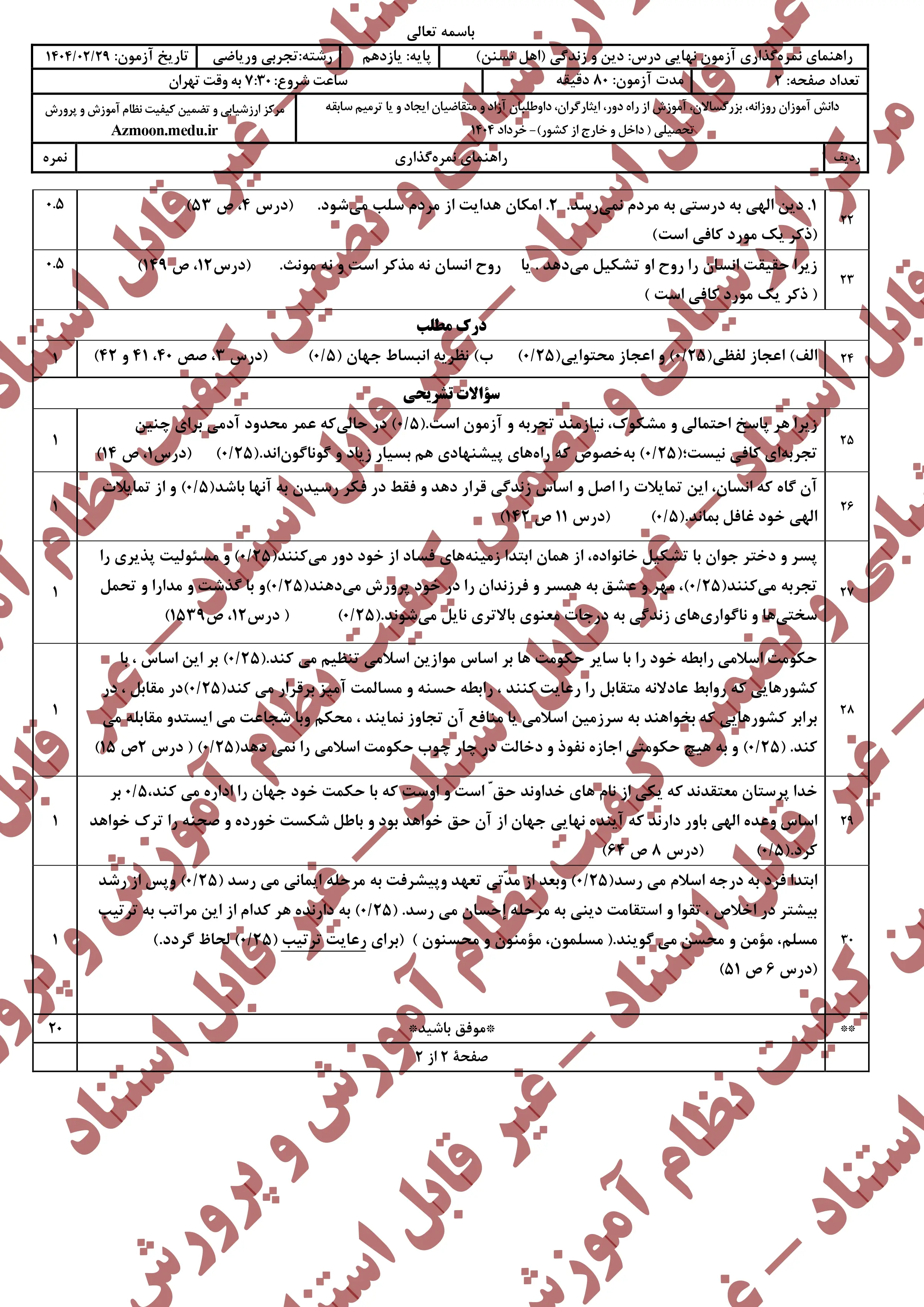 سوالات امتحان نهایی دینی ۲ رشته (ریاضی-تجربی) یازدهم خرداد ۱۴۰۴ (اهل تسنن) + پاسخنامه