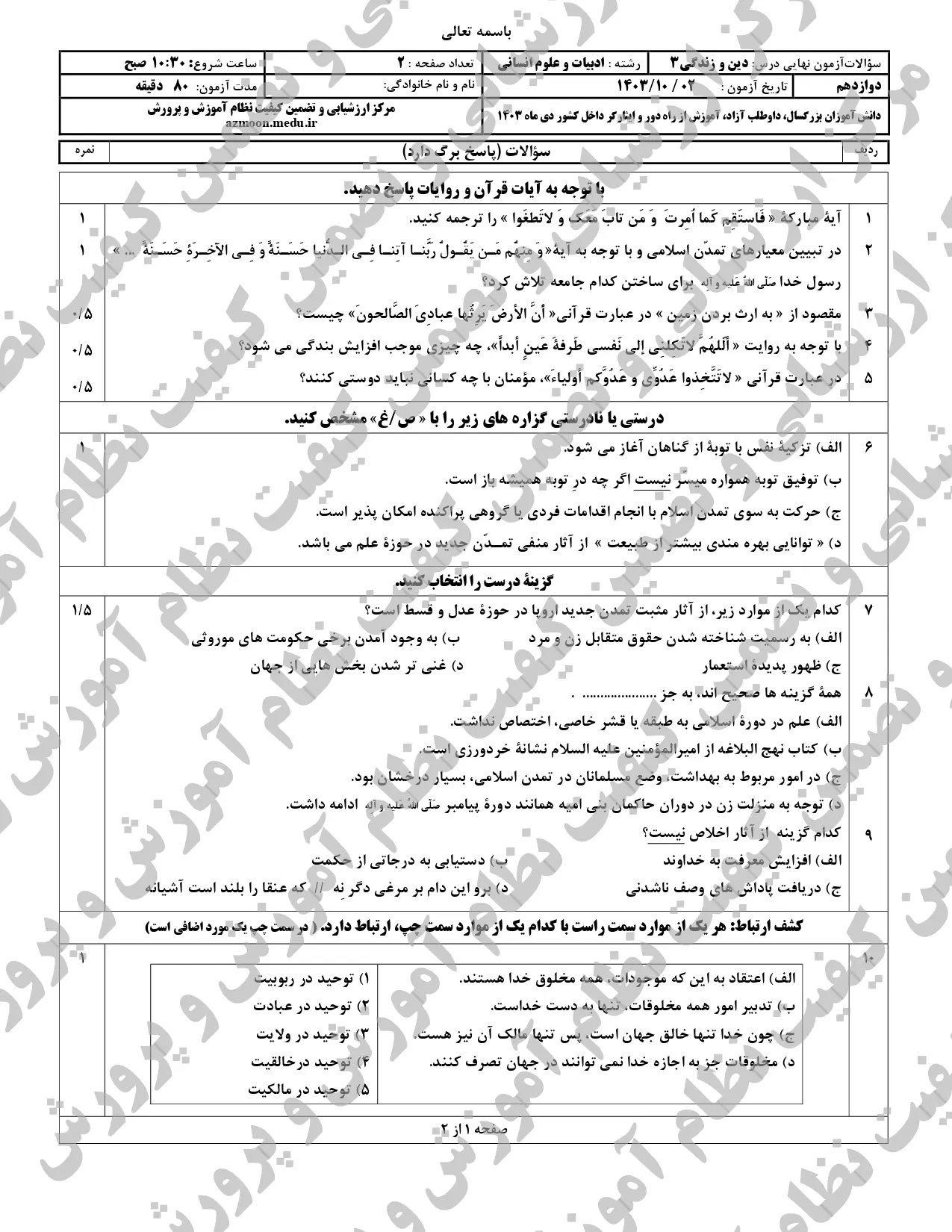 سوالات امتحان نهایی دین و زندگی دوازدهم انسانی دی ماه ۱۴۰۳ + پاسخنامه