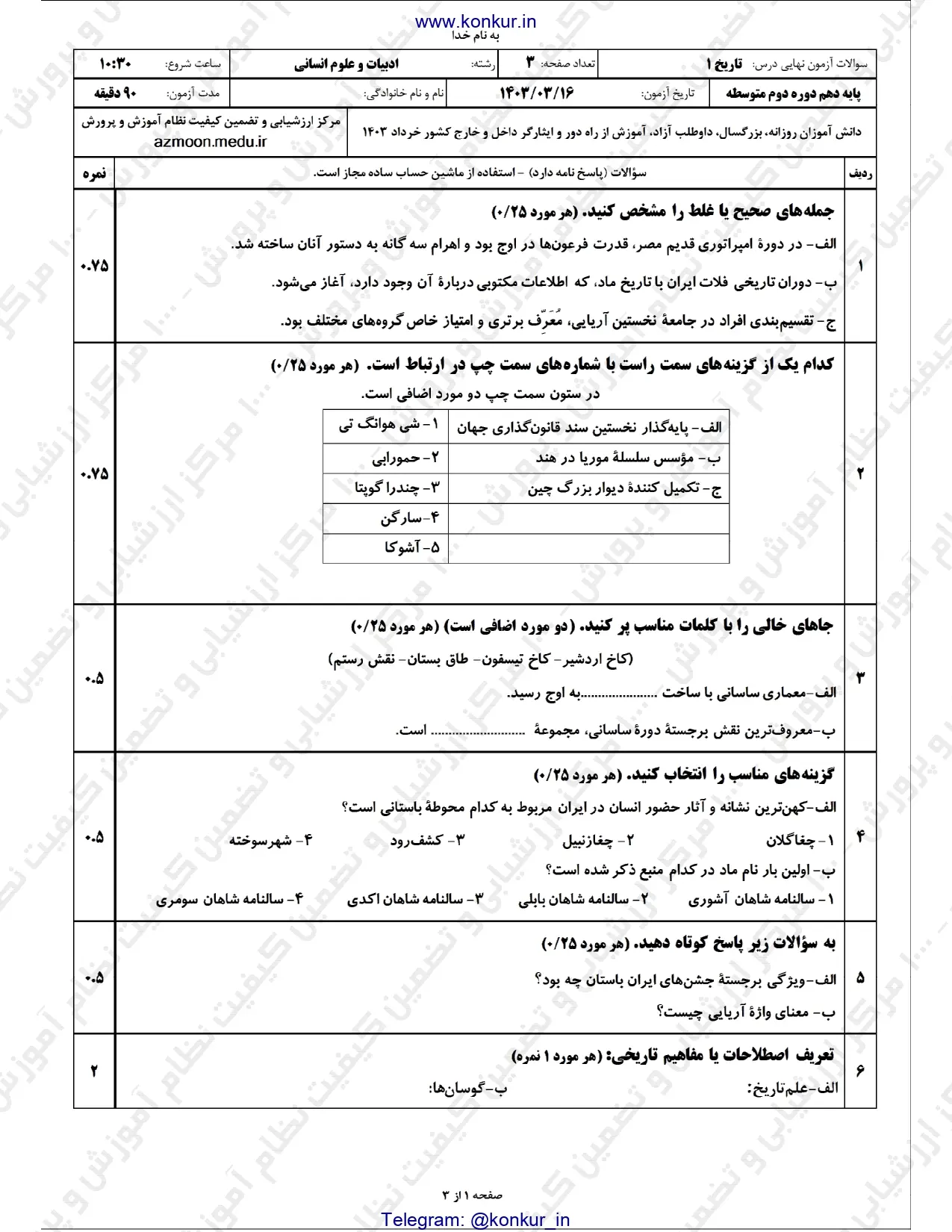 سوالات امتحان نهایی تاریخ ایران جهان و باستان دهم خرداد ۱۴۰۳ + پاسخنامه تشریحی