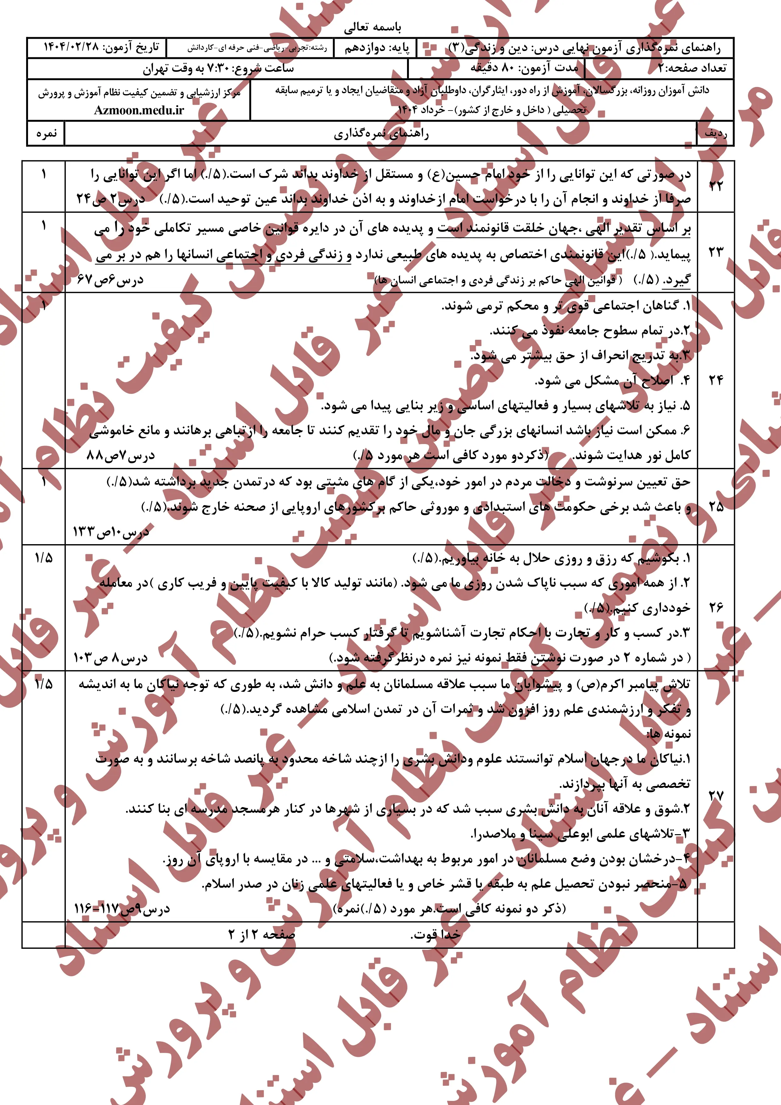 پاسخنامه سوالات امتحان نهایی دین و زندگی دوازدهم خرداد ۱۴۰۴ + تجربی و ریاضی