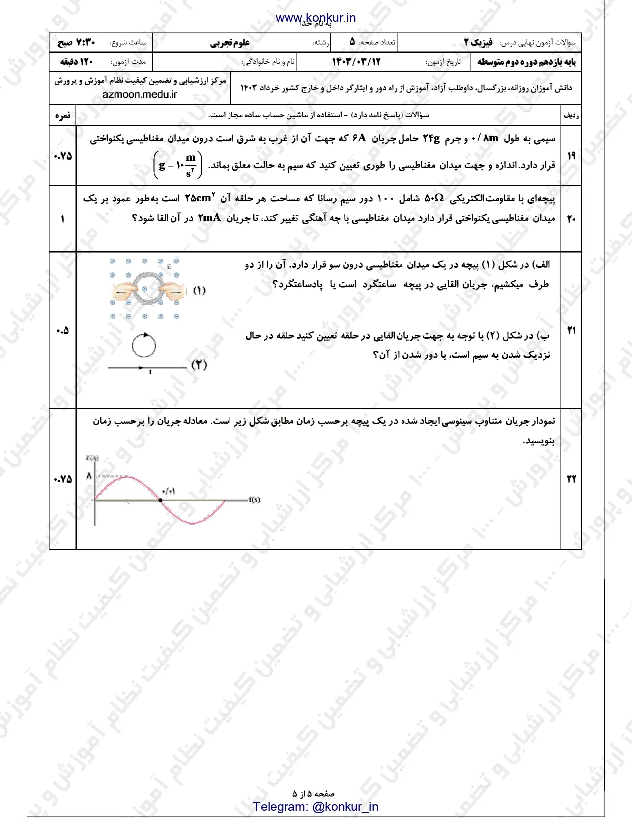 سوالات امتحان نهایی فیزیک یازدهم تجربی خرداد ۱۴۰۳