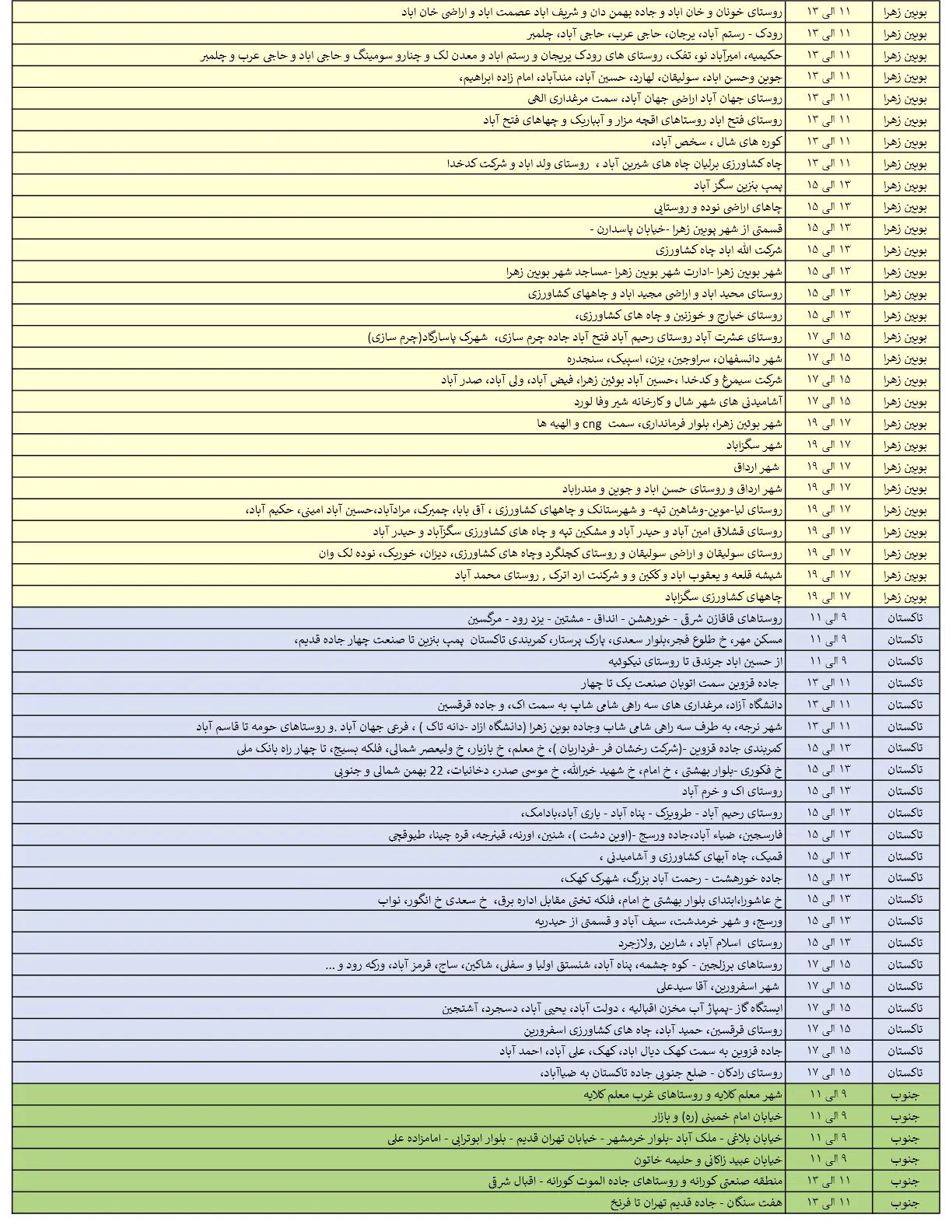 جدول خاموشی‌های برق قزوین در 1 مرداد منتشر شد