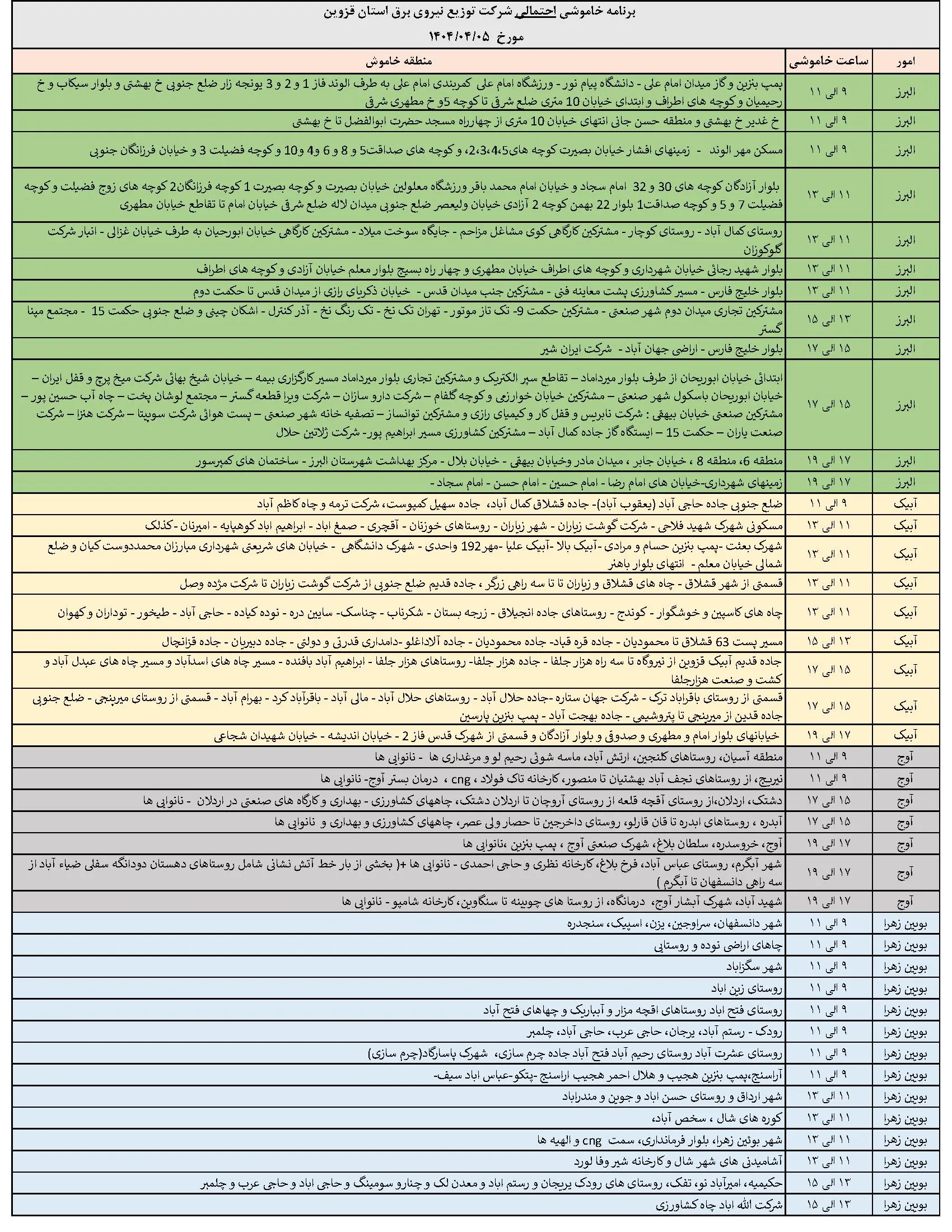 برق مناطق مختلف قزوین در 5 تیر چه زمانی قطع می‌شود؟