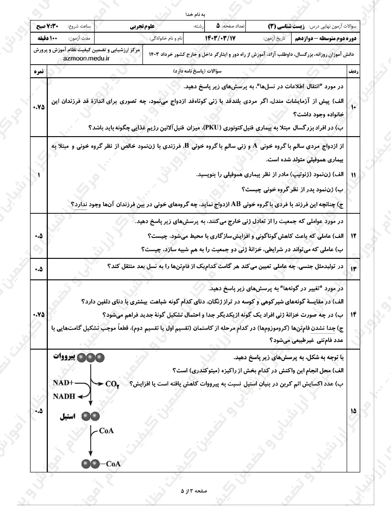 سوالات امتحان نهایی زیست شناسی دوازدهم تجربی خرداد ۱۴۰۳ + پاسخنامه تشریحی