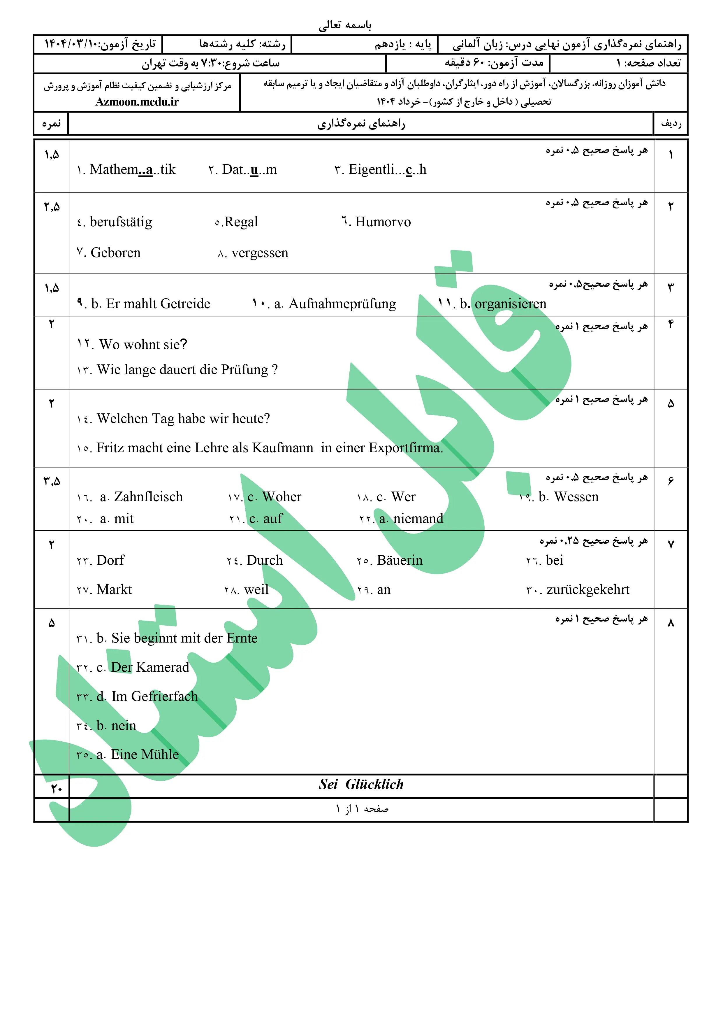 سوالات امتحان نهایی زبان آلمانی یازدهم خرداد ۱۴۰۴ + پاسخنامه