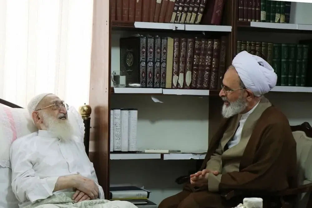 عیادت آیت‌الله اعرافی از آیت‌الله نوری‌همدانی + عکس