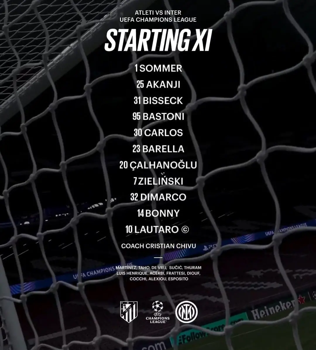 اعلام ترکیب دو تیم اتلتیکو مادرید و اینتر
