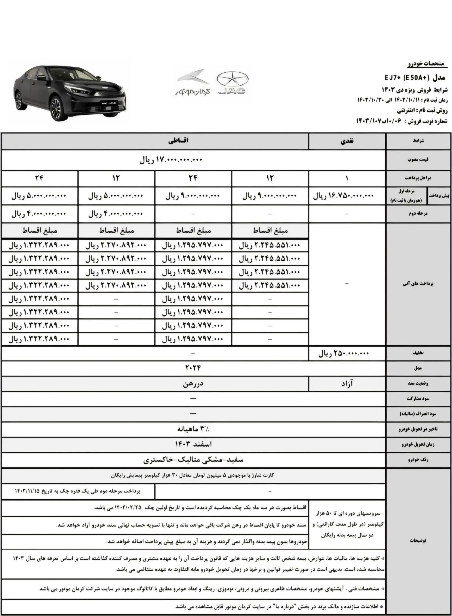 اعلام شرایط فروش خودروی EJ7 و EJ7+ کرمان موتور 