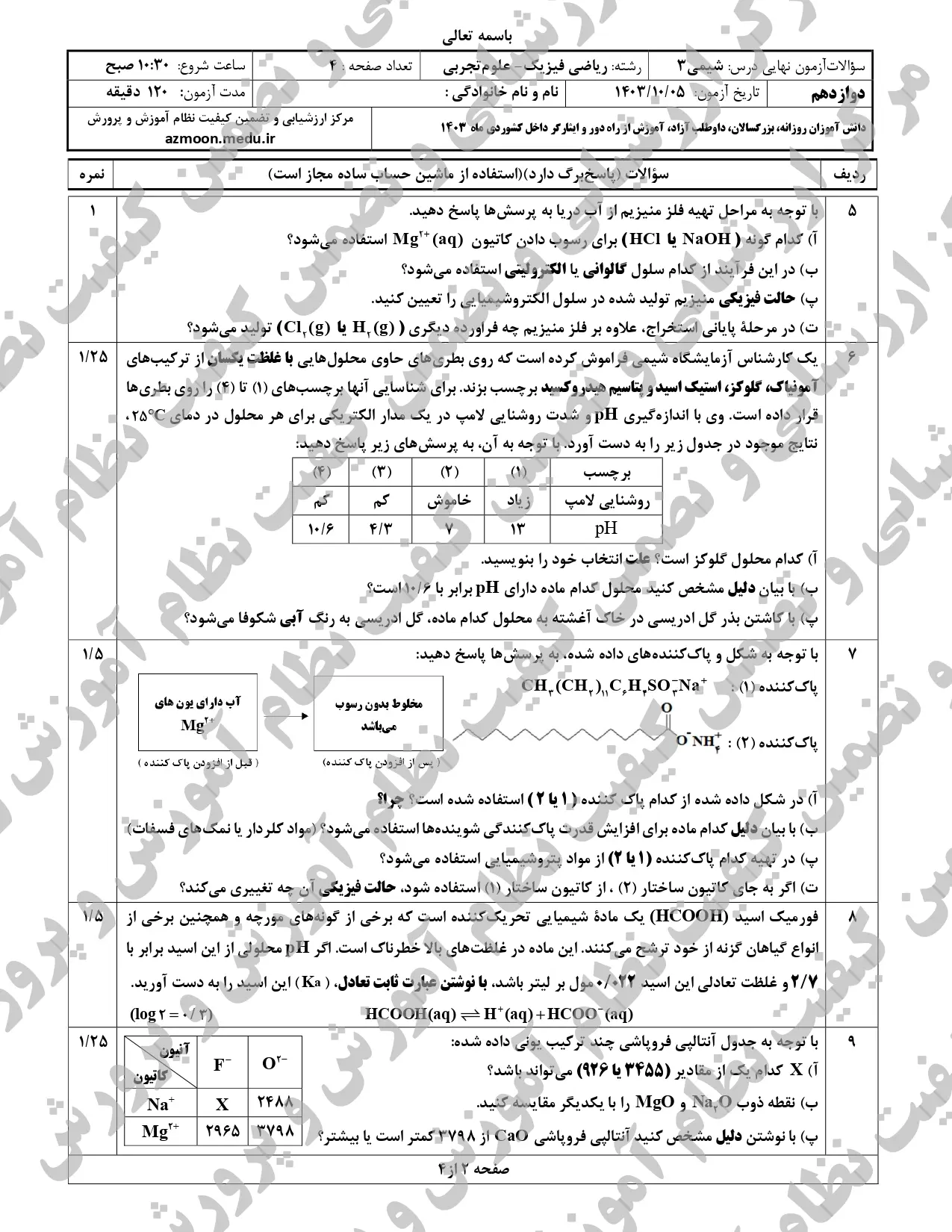 سوالات امتحان نهایی شیمی دوازدهم تجربی و ریاضی دی ماه ۱۴۰۳ + پاسخنامه