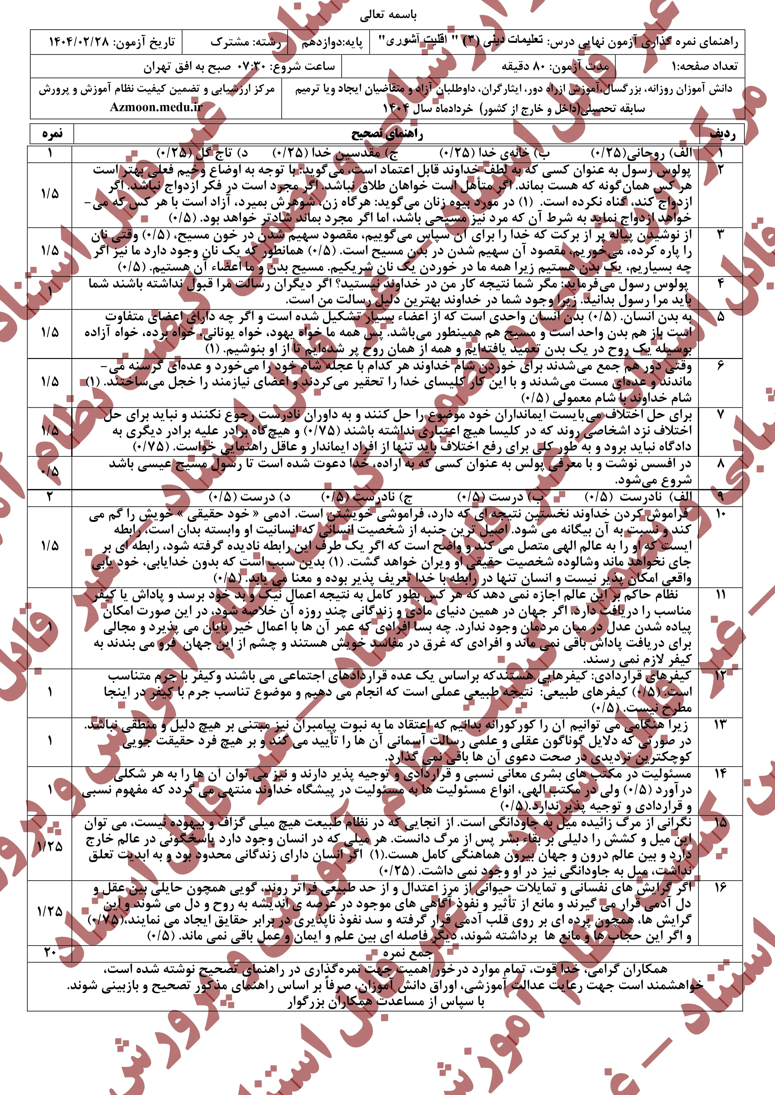 سوالات امتحان نهایی دین و زندگی دوازدهم خرداد ۱۴۰۴ + اقلیت آشوری + پاسخنامه