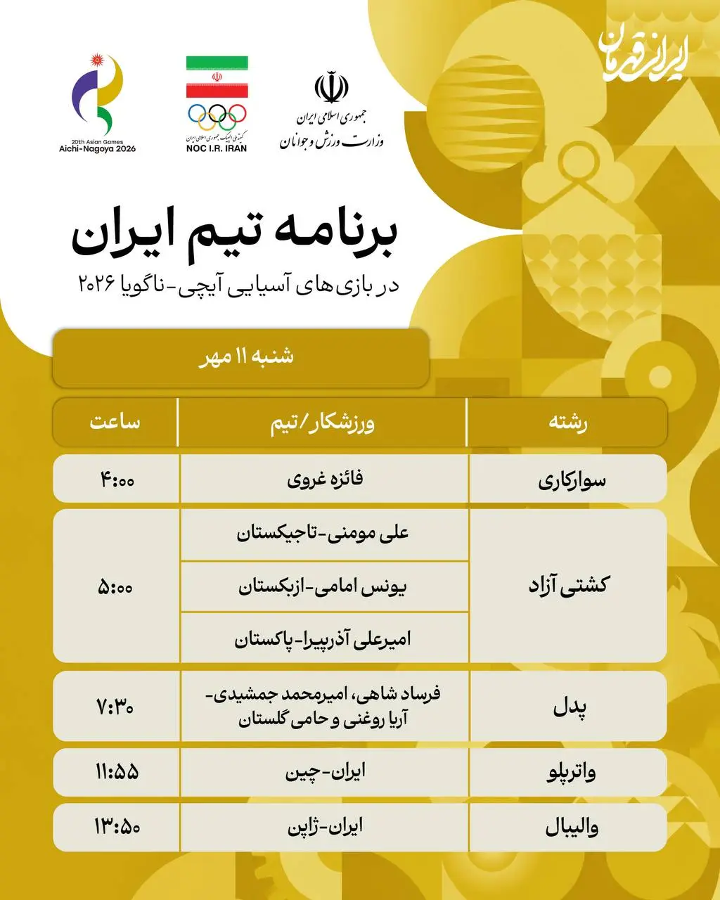 برنامه روز چهاردهم و پایانی نمایندگان ایران در بازی های آسیایی ناگویا