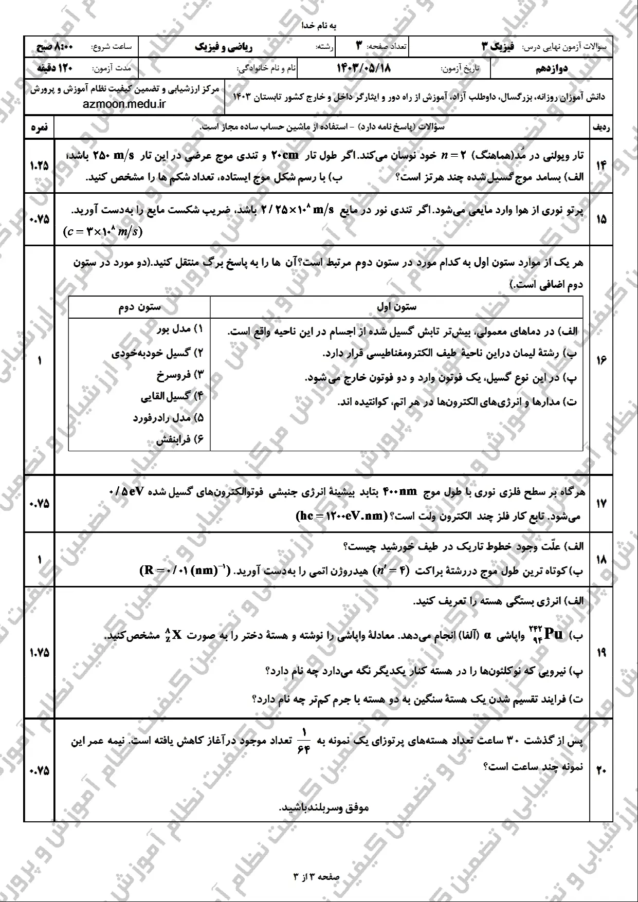 سوالات امتحان نهایی فیزیک ریاضی دوازدهم مرداد شهریور ۱۴۰۳ + پاسخنامه