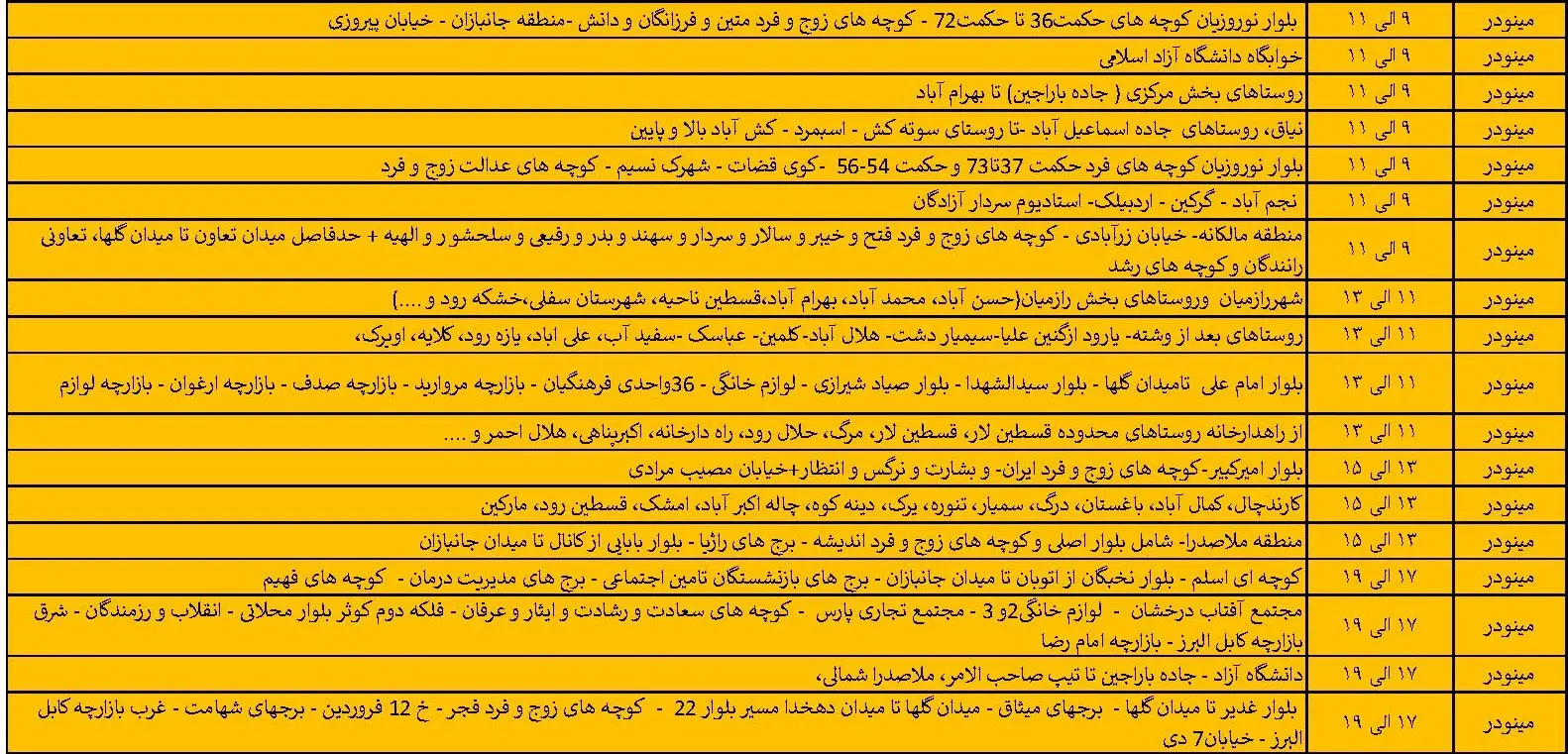 جدول خاموشی برق قزوین در 11 خرداد منتشر شد