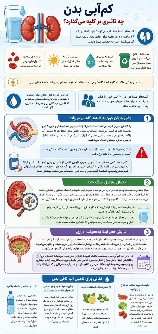 ۳ آسیب جدی کم‌آبی بدن به کلیه‌ها + اینفوگرافیک