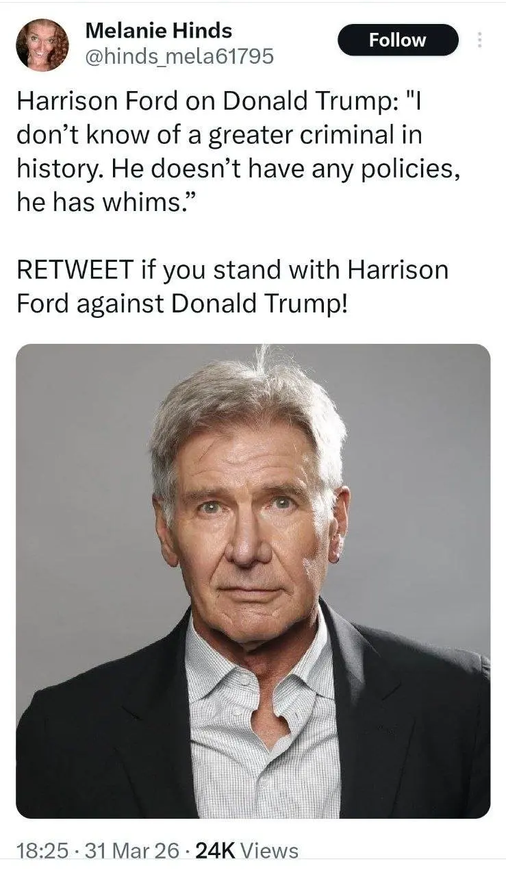 هریسون فورد بازیگر آمریکایی: جنایتکاری بزرگتر از ترامپ در تاریخ نمی‌شناسم. او هیچ سیاستی ندارد، او هوس‌هایش را دارد + عکس