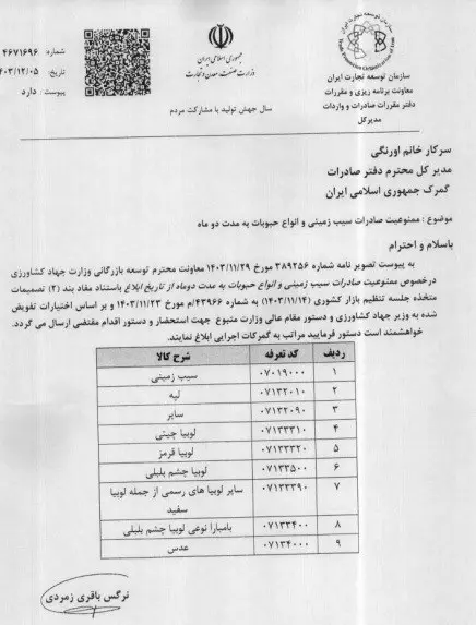 ممنوعیت صادرات سیب‌زمینی 