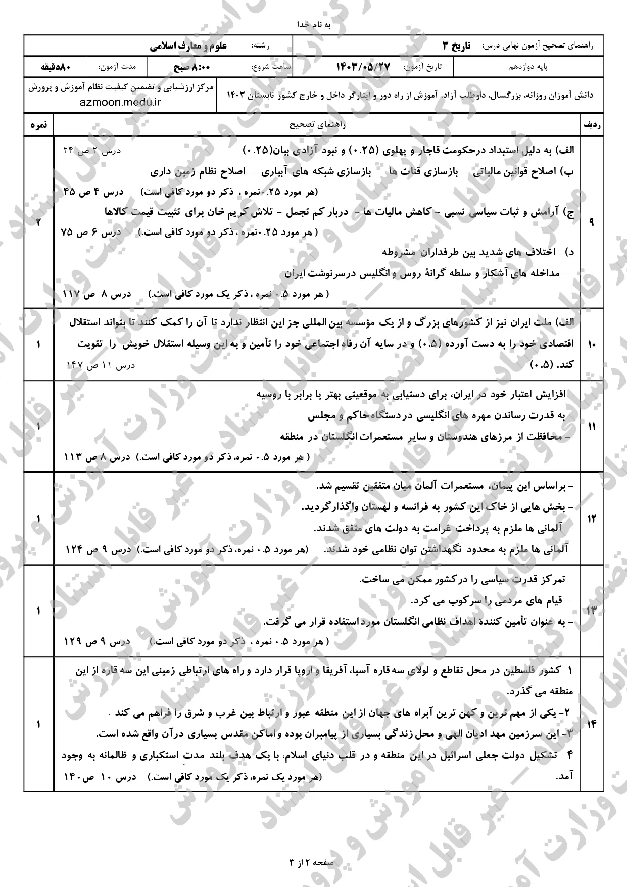 پاسخنامه امتحان نهایی تاریخ دوازدهم علوم و معارف اسلامی مرداد شهریور ۱۴۰۳