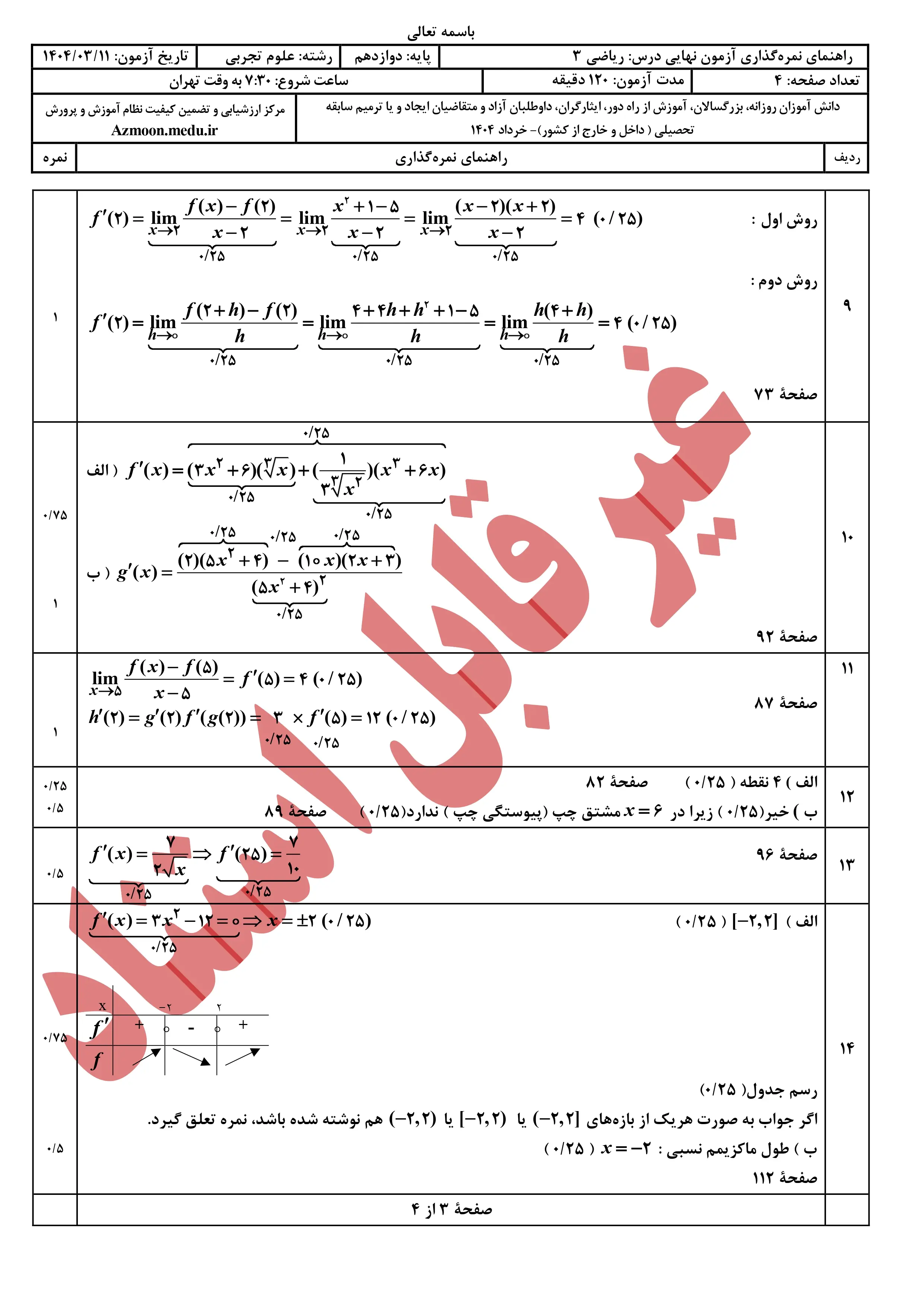 سوالات امتحان نهایی ریاضی دوازدهم خرداد ۱۴۰۴ + پاسخنامه