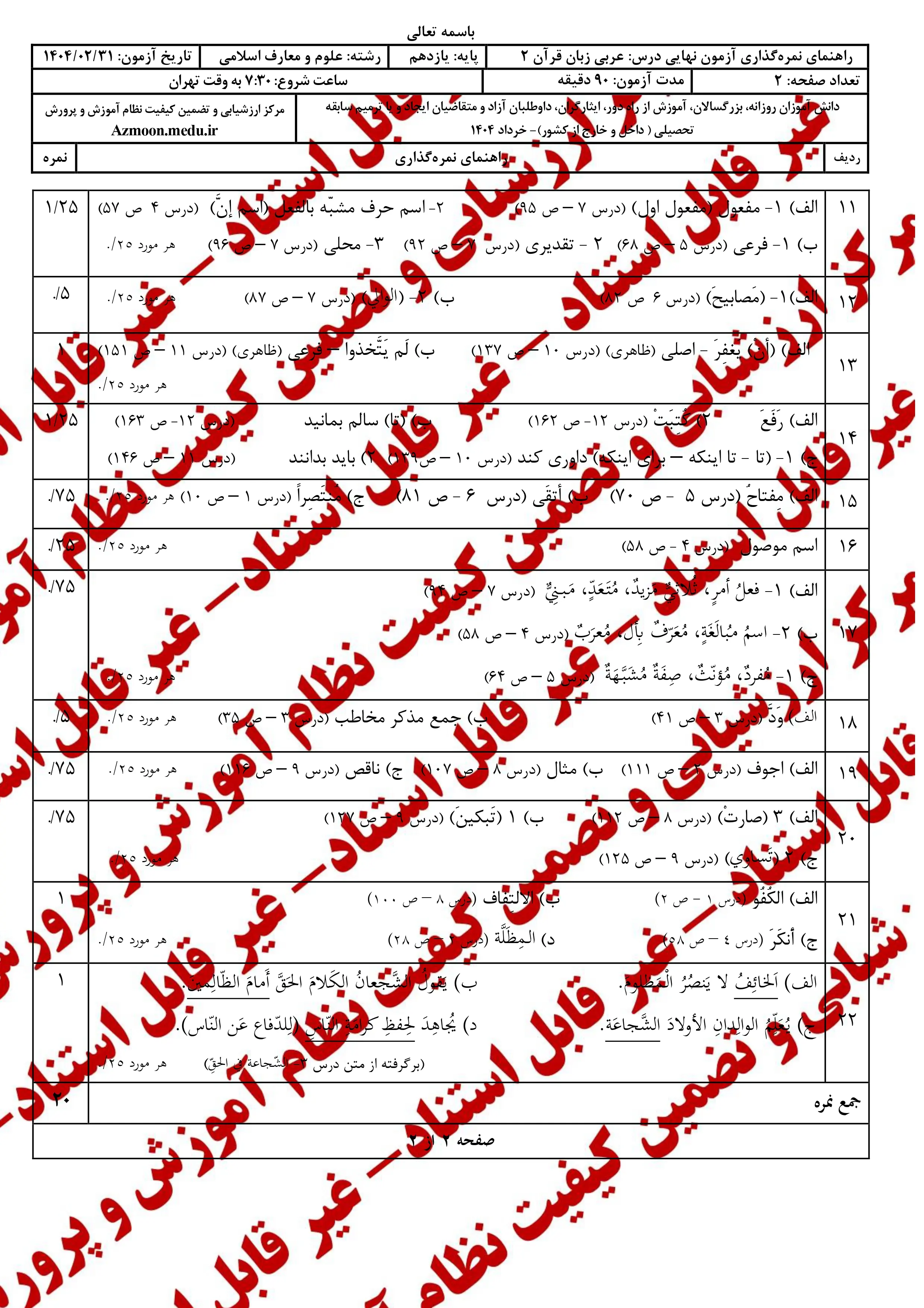 سوالات امتحان نهایی عربی ۲ یازدهم خرداد ۱۴۰۴ (معارف) + پاسخنامه