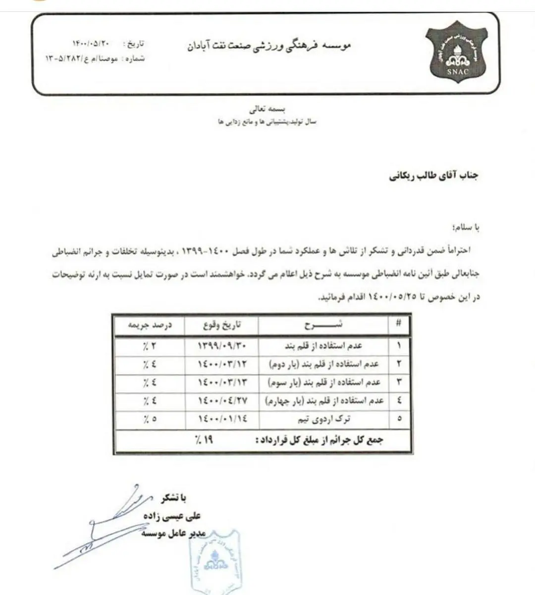 جریمه سنگین طالب ریکانی از سوی باشگاه؛ احضار کاپیتان صنعت نفت برای توضیحات (عکس)