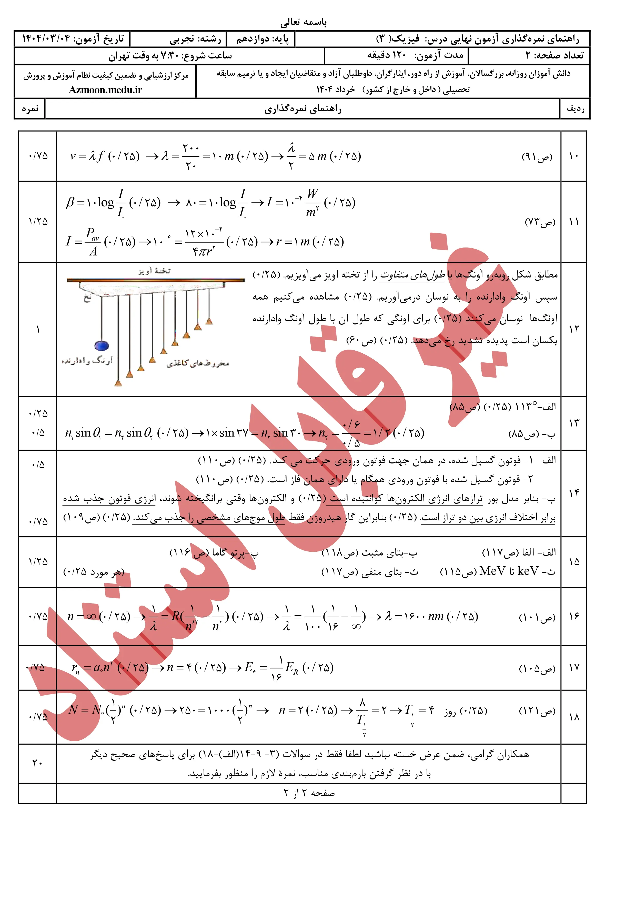 سوالات امتحان نهایی فیزیک دوازدهم تجربی خرداد ۱۴۰۴ + پاسخنامه