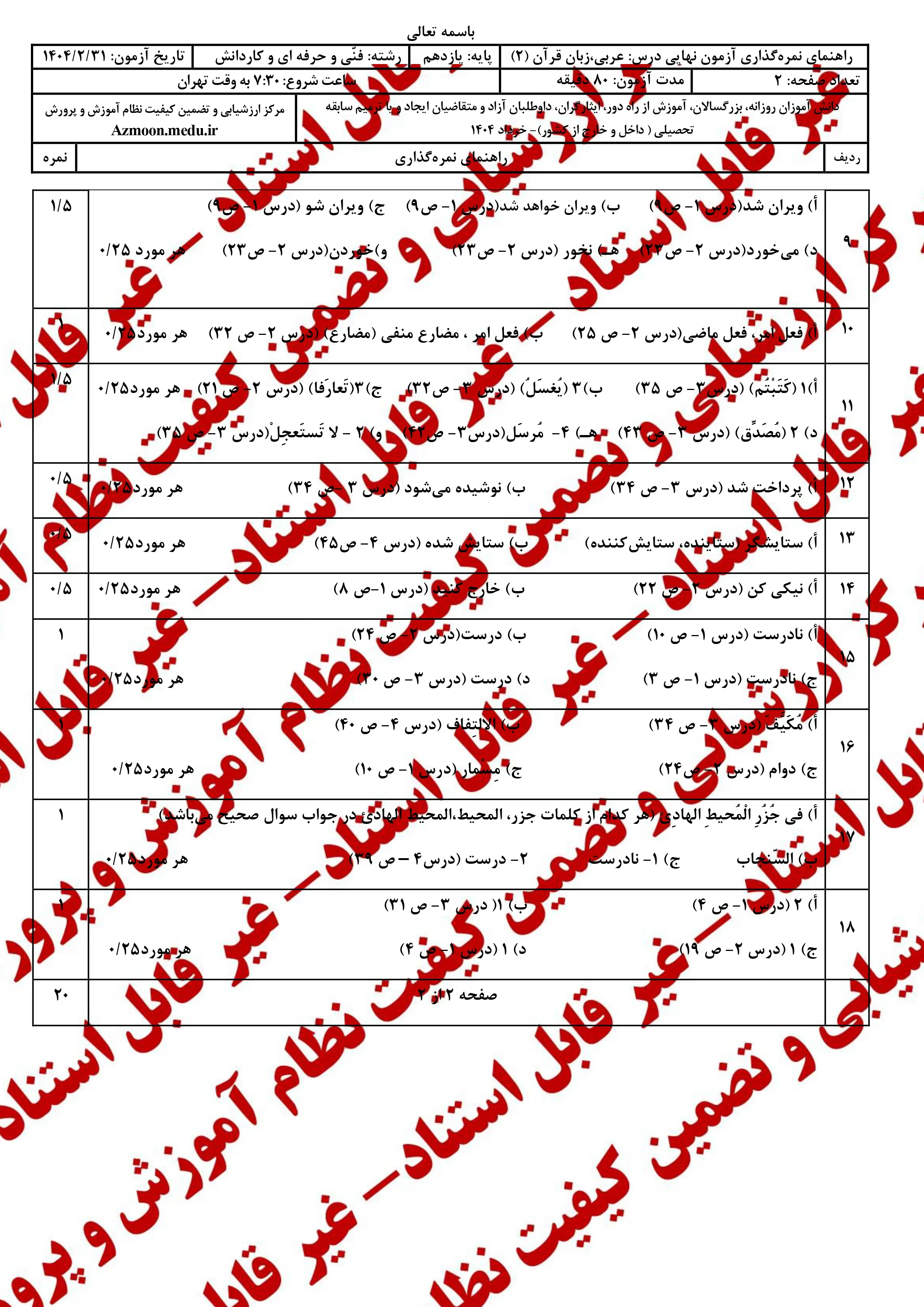 سوالات امتحان نهایی عربی ۲ یازدهم خرداد ۱۴۰۴ (فنی حرفه ای و کاردانش) + پاسخنامه