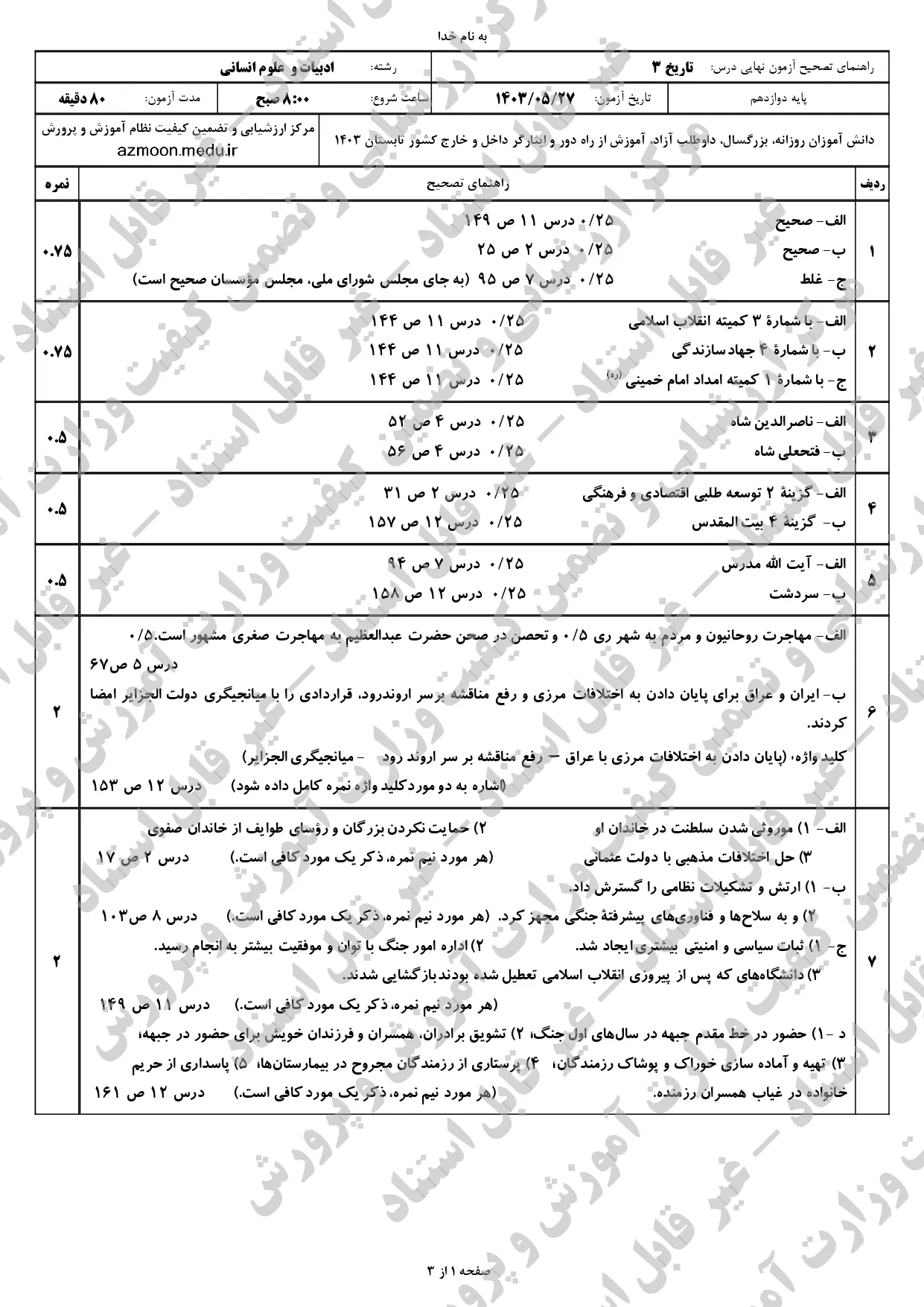 پاسخنامه امتحان نهایی تاریخ دوازدهم انسانی مرداد شهریور ۱۴۰۳