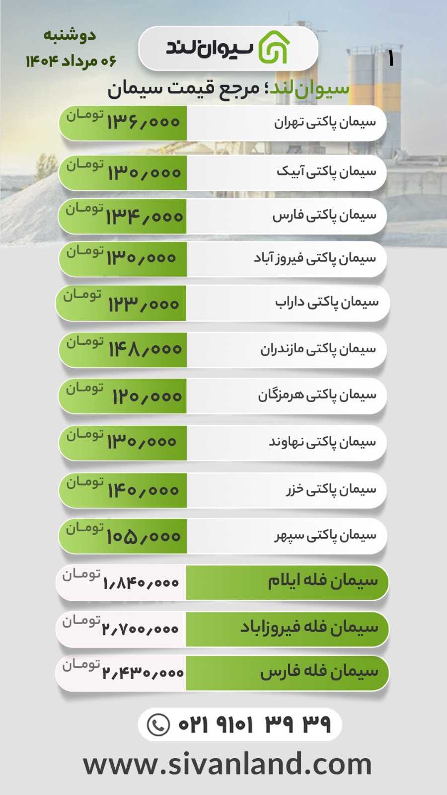 قیمت جدید سیمان اعلام شد(دوشنبه 6 مرداد 1404) / تغییرات اندک بازار