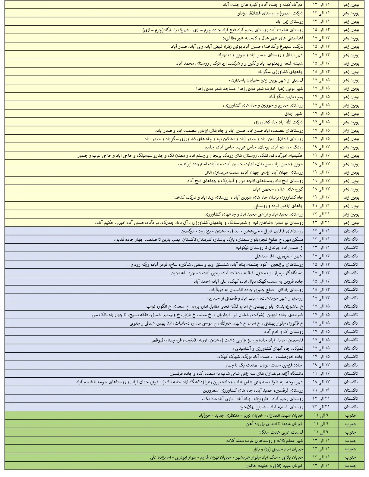 جدول خاموشی‌های برق قزوین در 6 مرداد منتشر شد