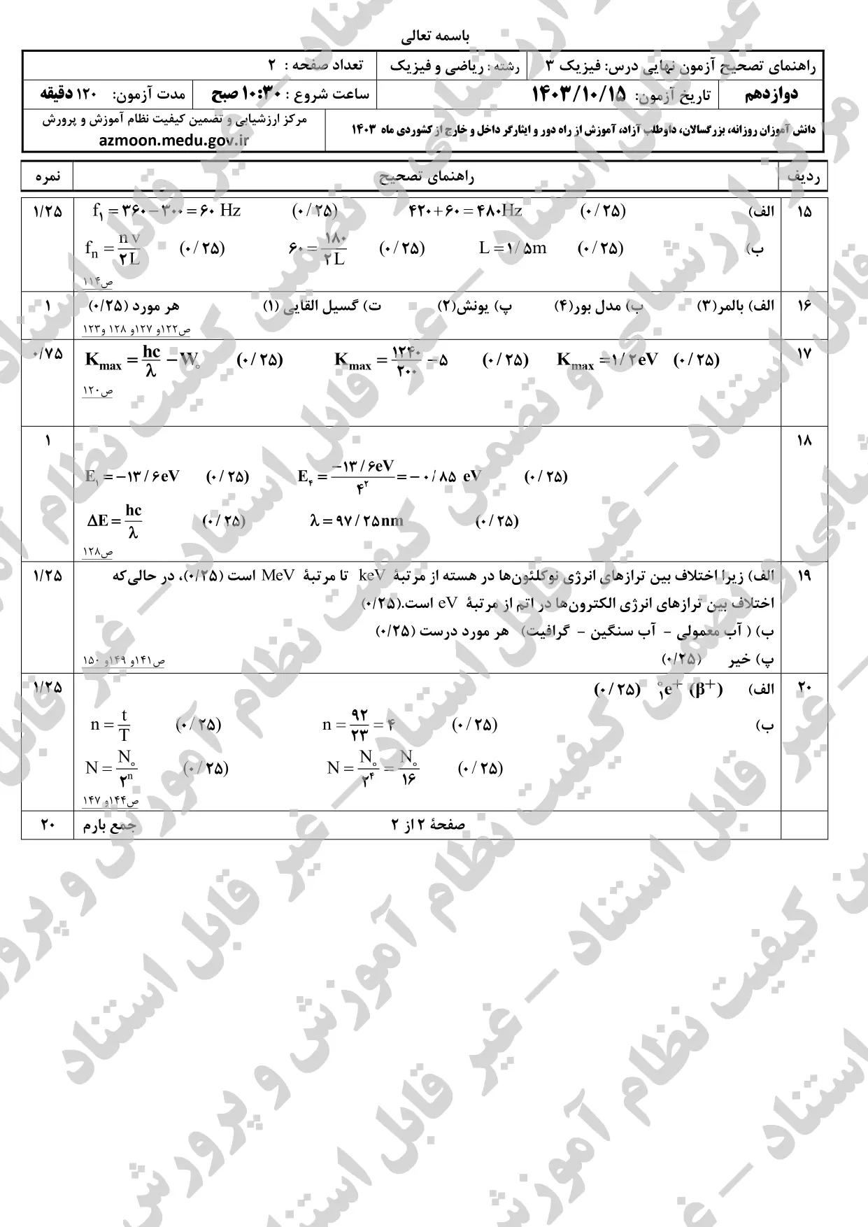 سوالات امتحان نهایی فیزیک ریاضی دوازدهم دی ماه ۱۴۰۳ + پاسخنامه