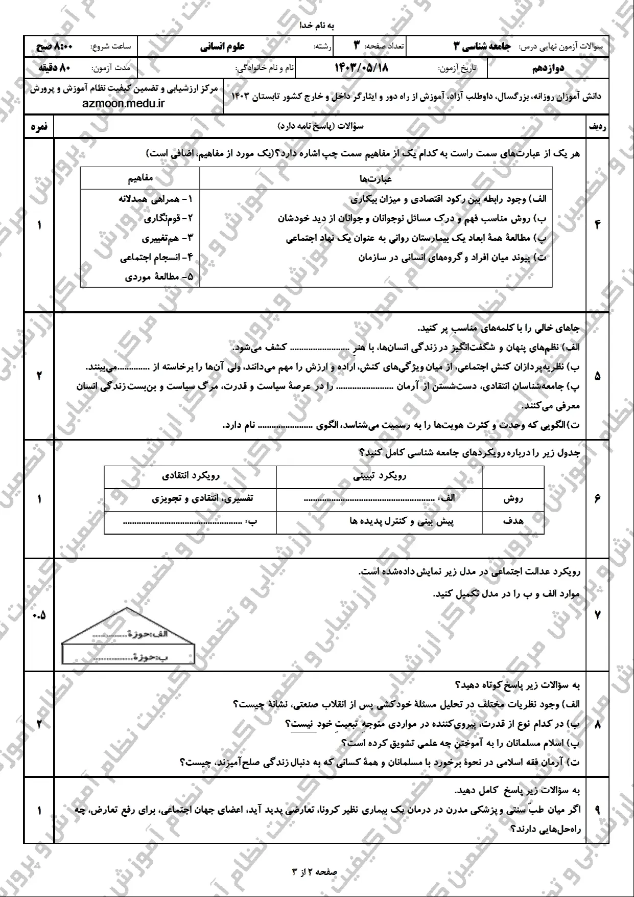 سوالات امتحان نهایی جامعه شناسی دوازدهم مرداد شهریور ۱۴۰۳ + پاسخنامه