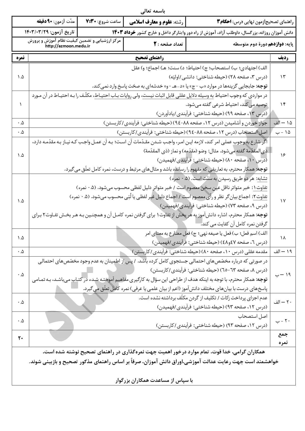 سوالات امتحان نهایی احکام ۳ دوازدهم رشته معارف اسلامی خرداد ۱۴۰۳ + پاسخنامه تشریحی