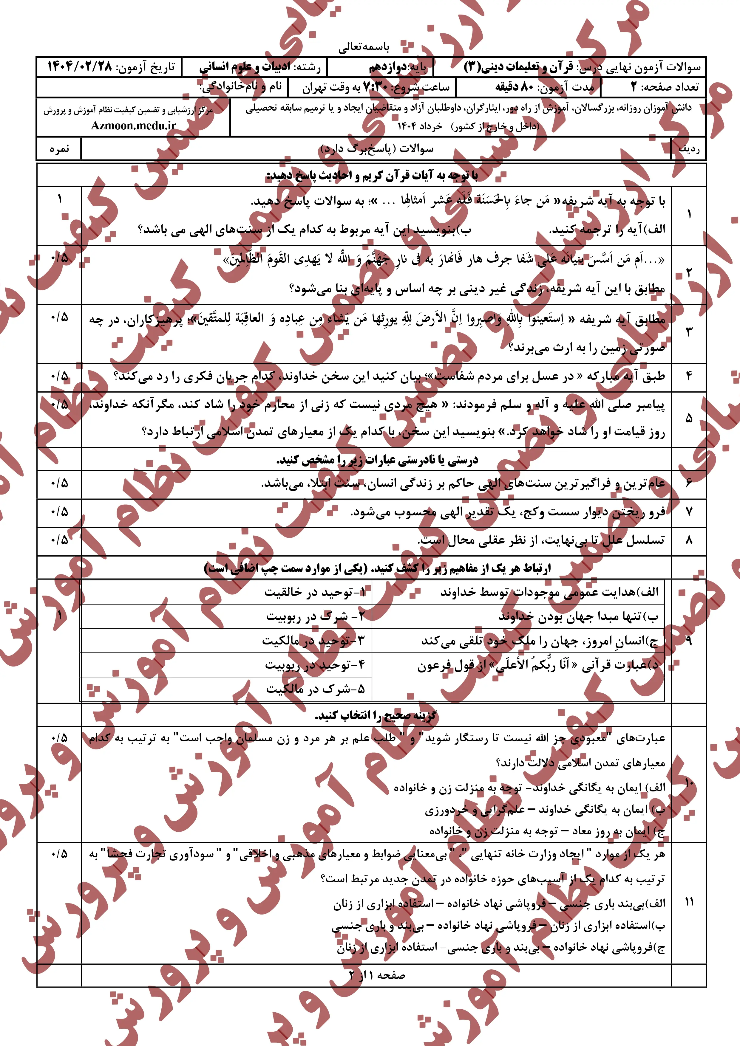 سوالات امتحان نهایی دین و زندگی دوازدهم خرداد ۱۴۰۴ + انسانی + پاسخنامه
