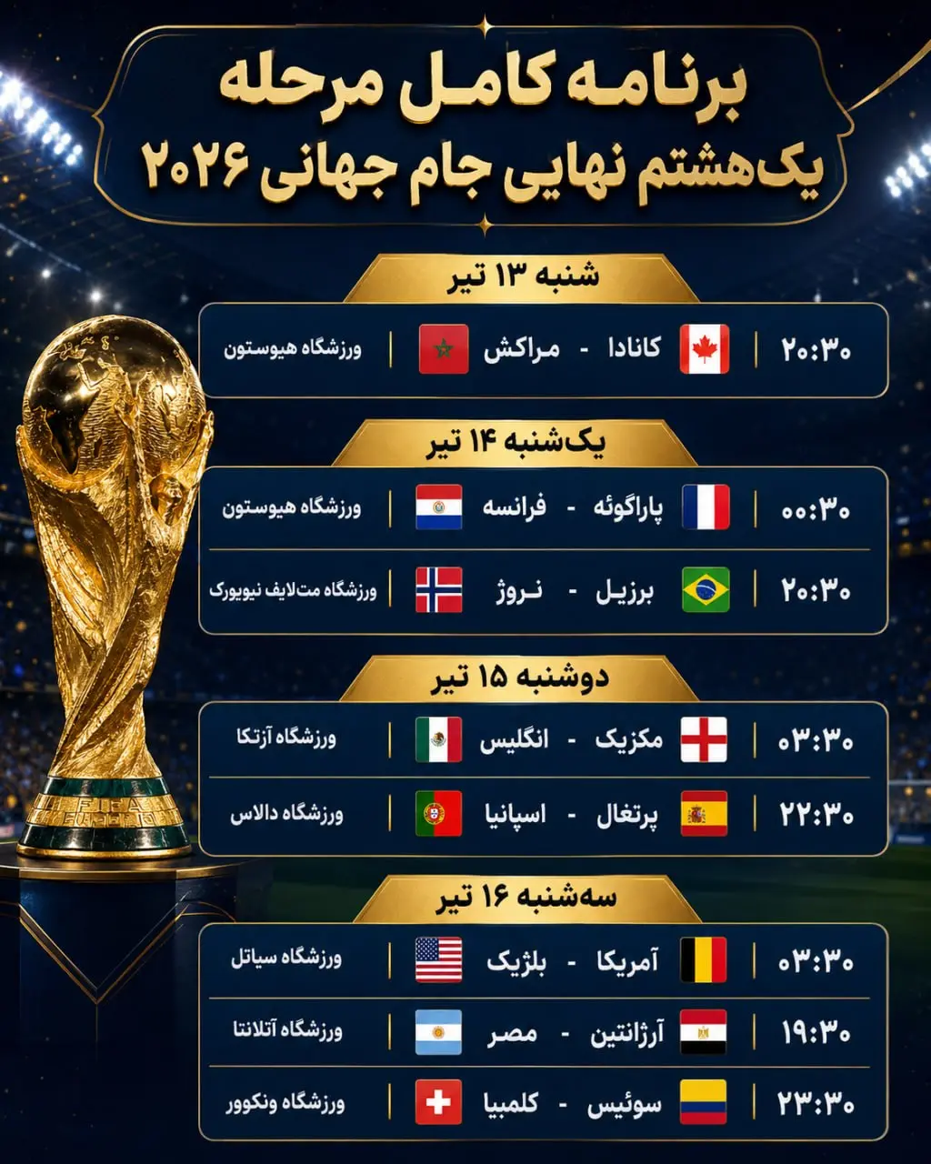 برنامه کامل مرحله یک هشتم نهایی جام جهانی ۲۰۲۶