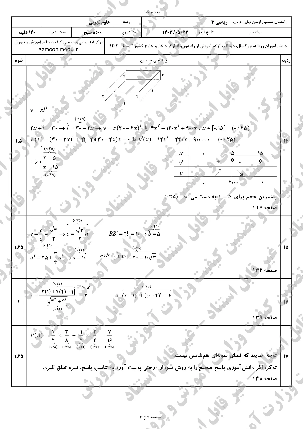 پاسخنامه امتحان نهایی ریاضی تجربی دوازدهم مرداد شهریور ۱۴۰۳