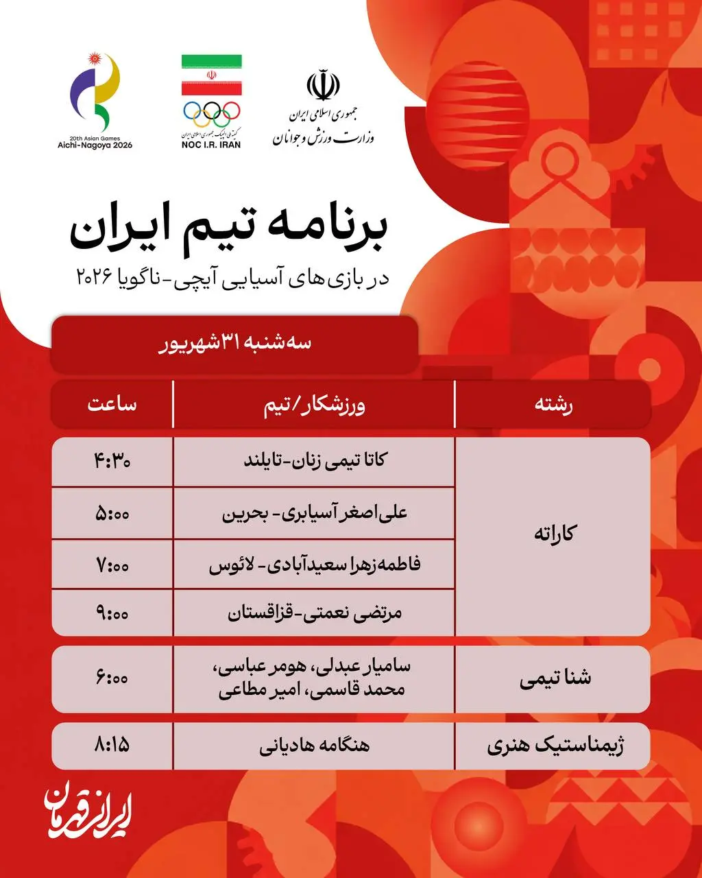 برنامه روز سوم نمایندگان ایران در بازی های آسیایی ناگویا