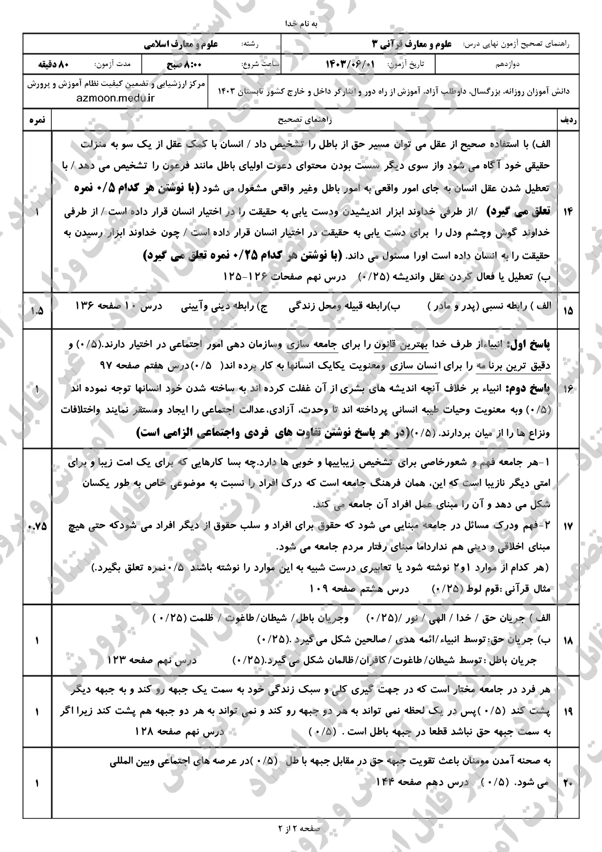 پاسخنامه امتحان نهایی دین و زندگی دوازدهم معارف مرداد شهریور ۱۴۰۳