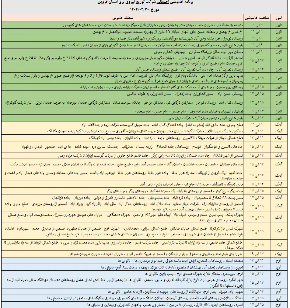 جدول خاموشی‌های برق 30 اردیبهشت در قزوین منتشر شد