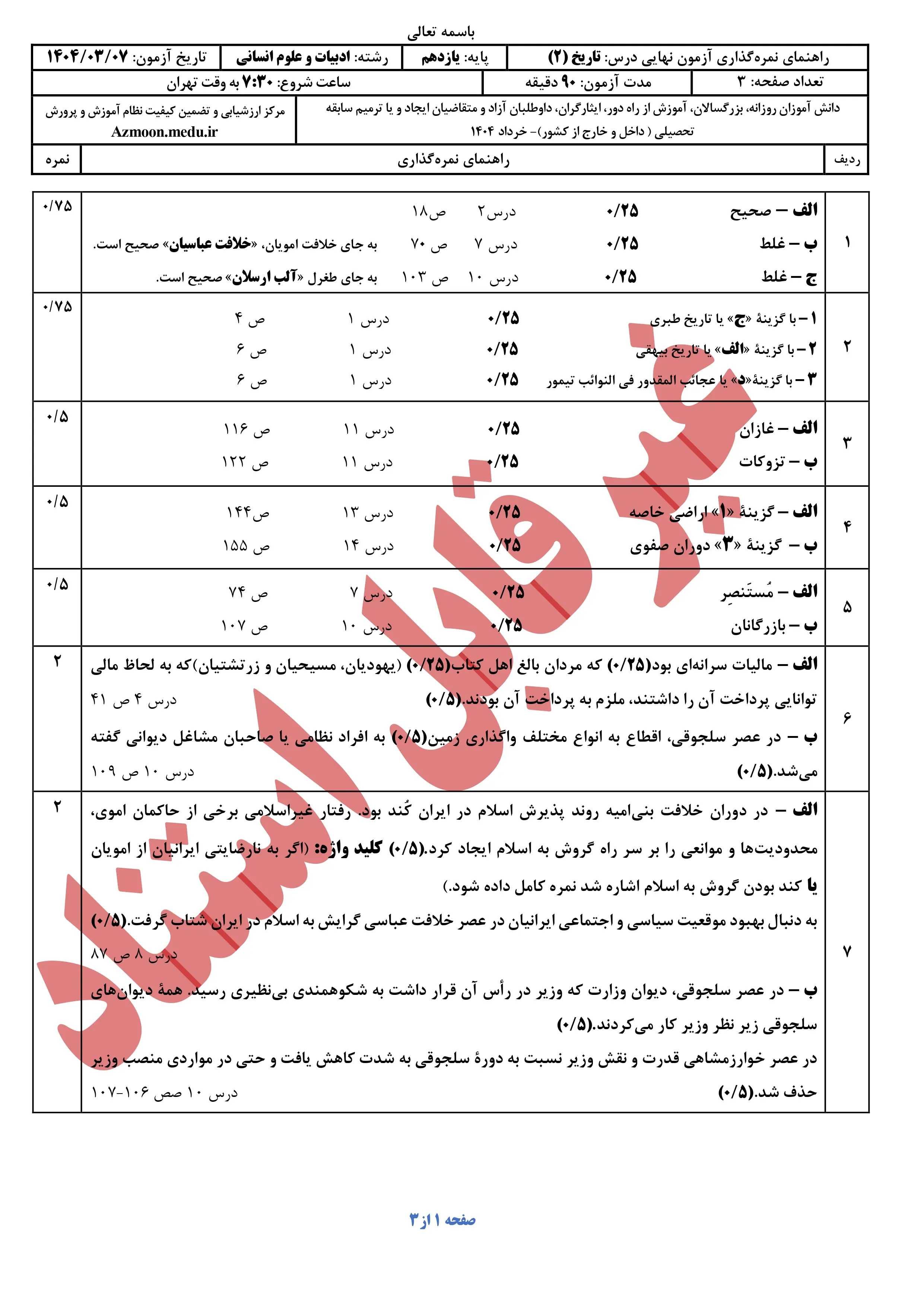 سوالات امتحان نهایی تاریخ یازدهم انسانی خرداد ۱۴۰۴ + پاسخنامه